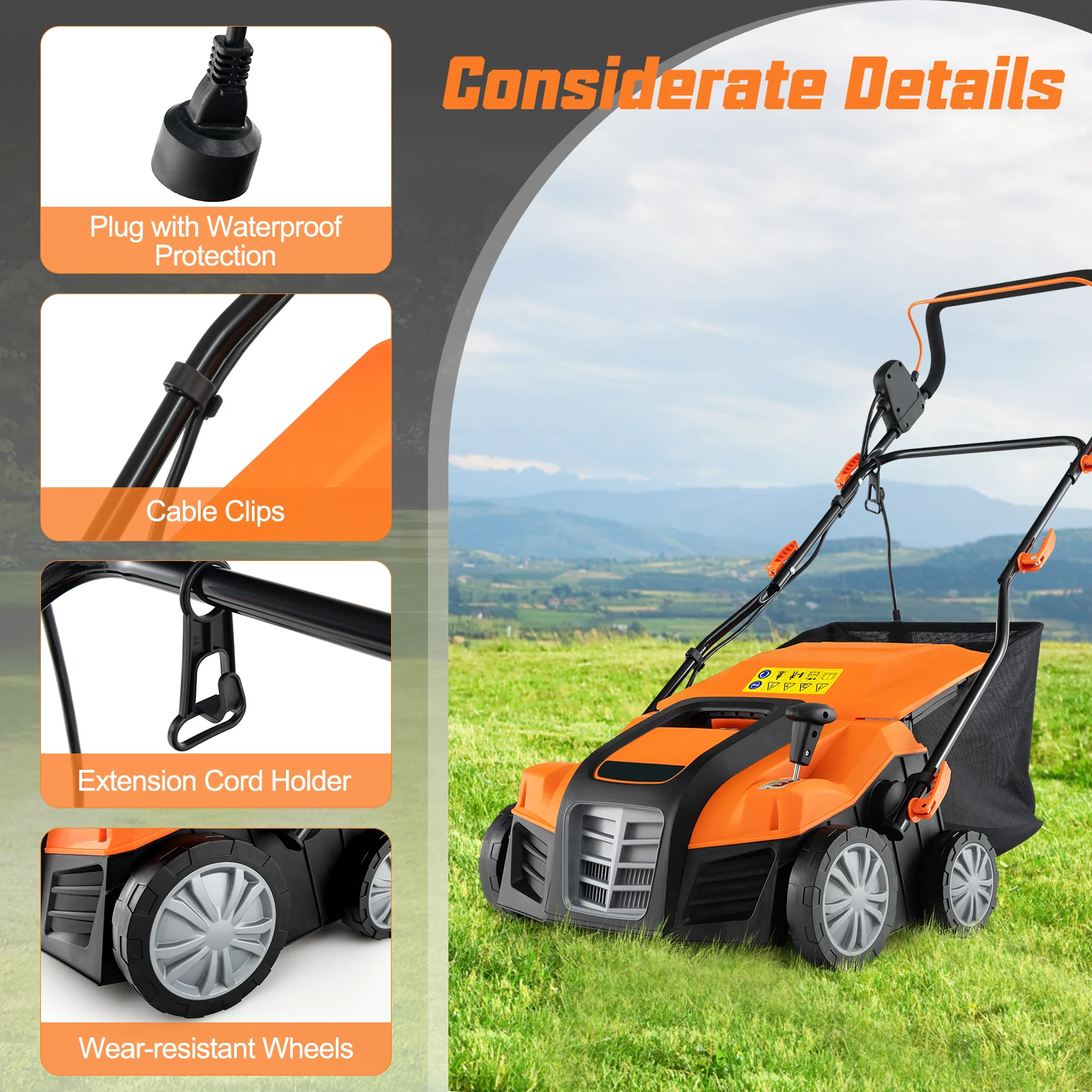 16-Inch Electric Lawn Dethatcher, Scarifier With Collection Bag, Orange - Image 6