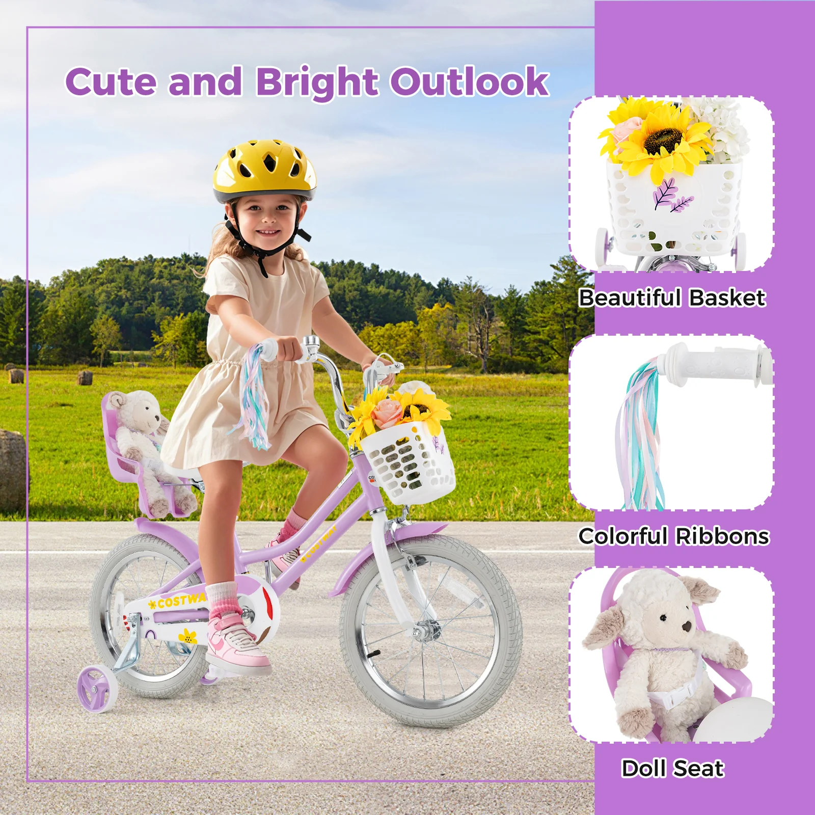 16 Inch Girls Bike, Doll Seat And Streamers, For Children 4-7 Years, Purple - Image 10