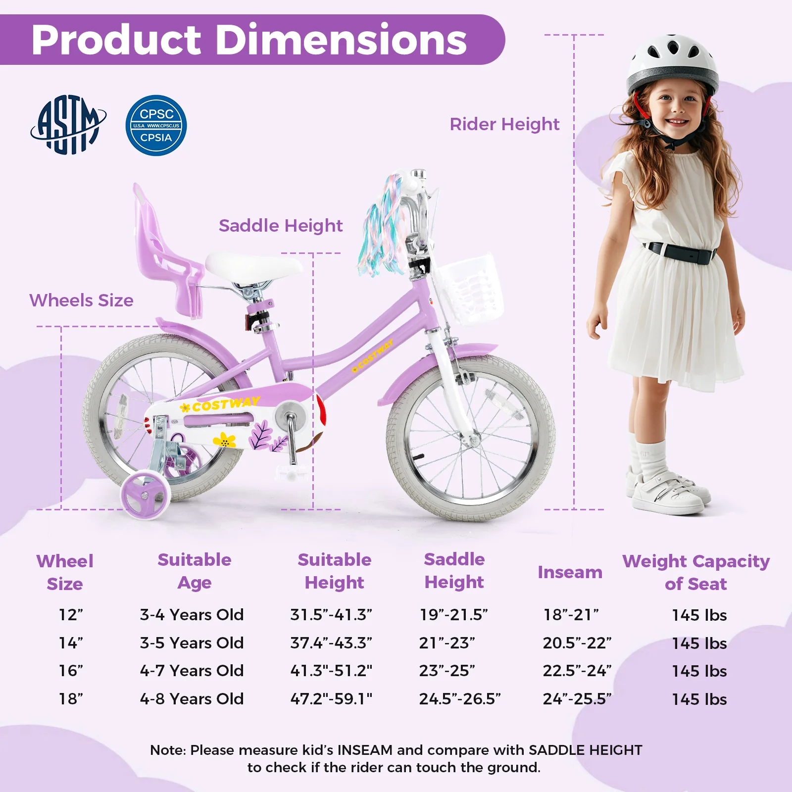 16 Inch Girls Bike, Doll Seat And Streamers, For Children 4-7 Years, Purple - Image 5