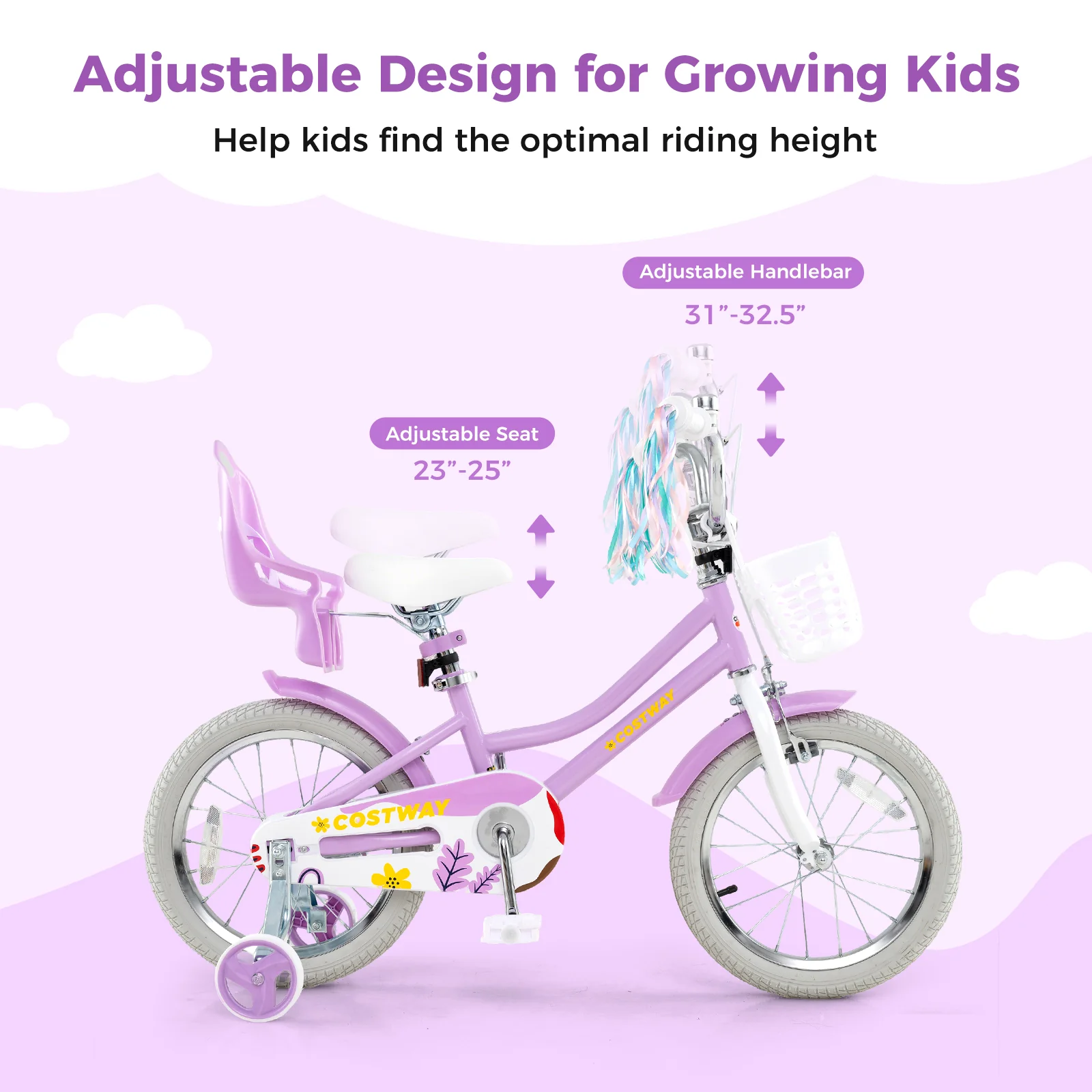 16 Inch Girls Bike, Doll Seat And Streamers, For Children 4-7 Years, Purple - Image 6