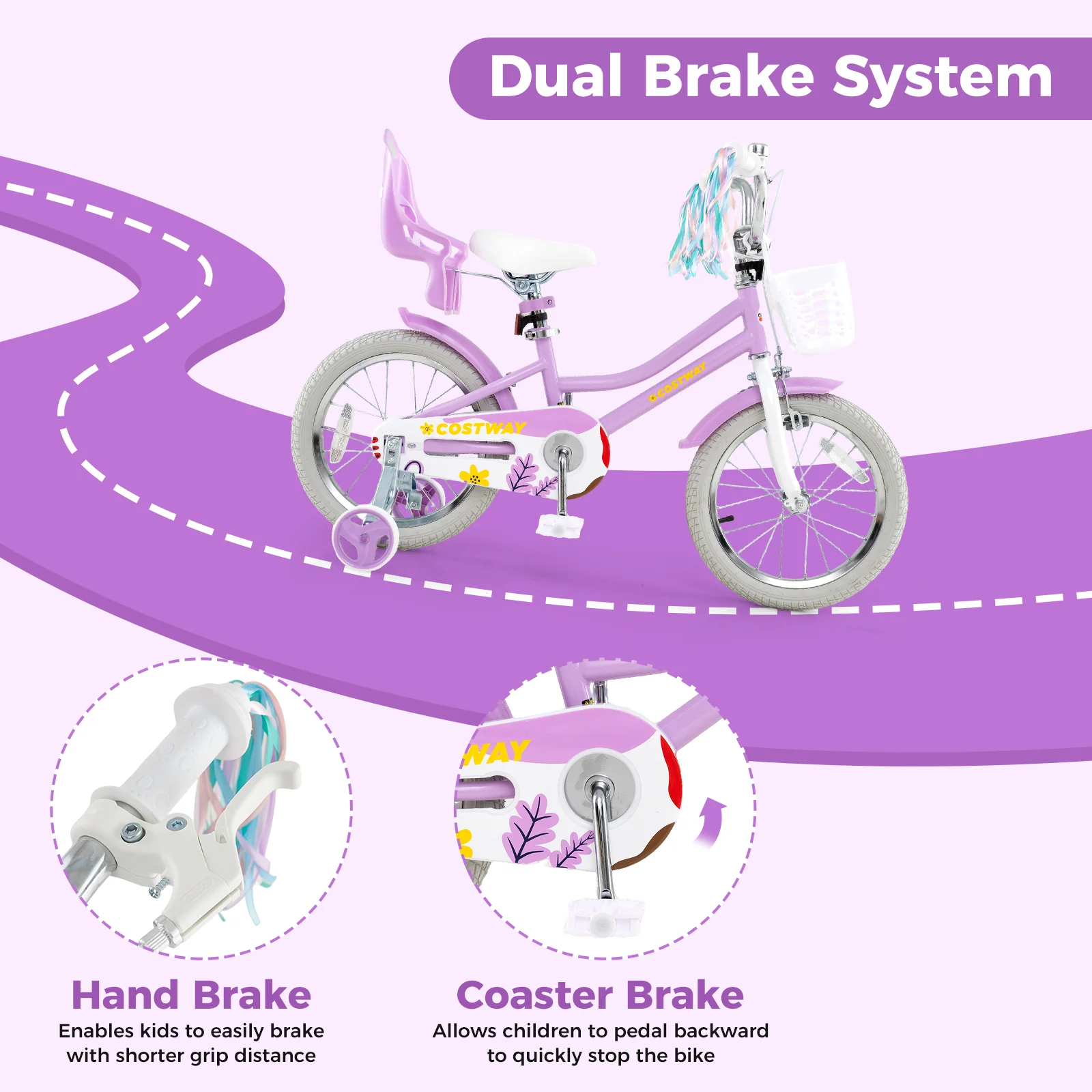 16 Inch Girls Bike, Doll Seat And Streamers, For Children 4-7 Years, Purple - Image 8