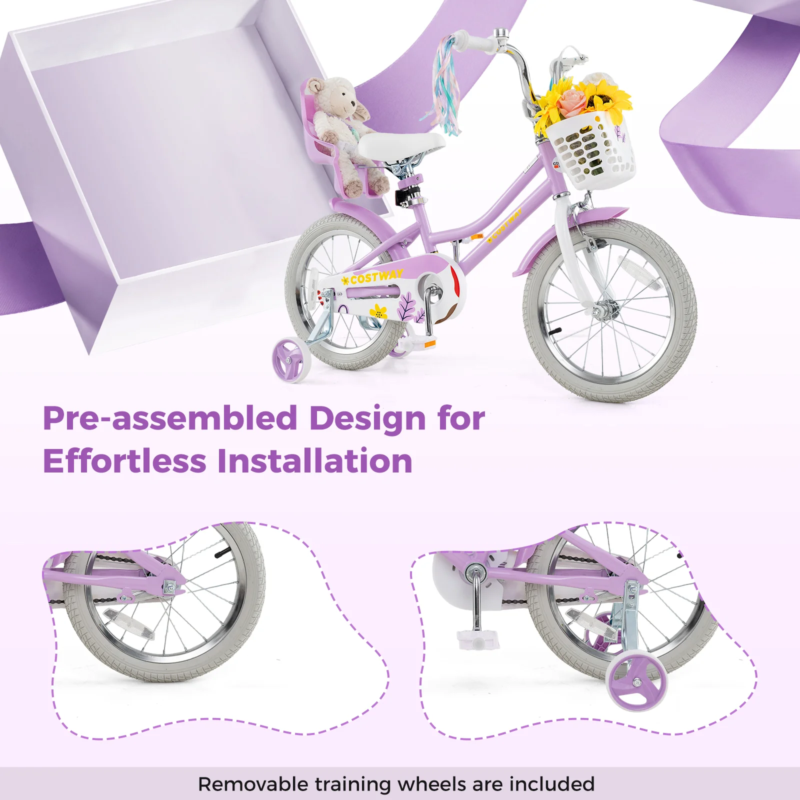 16 Inch Girls Bike, Doll Seat And Streamers, For Children 4-7 Years, Purple - Image 9
