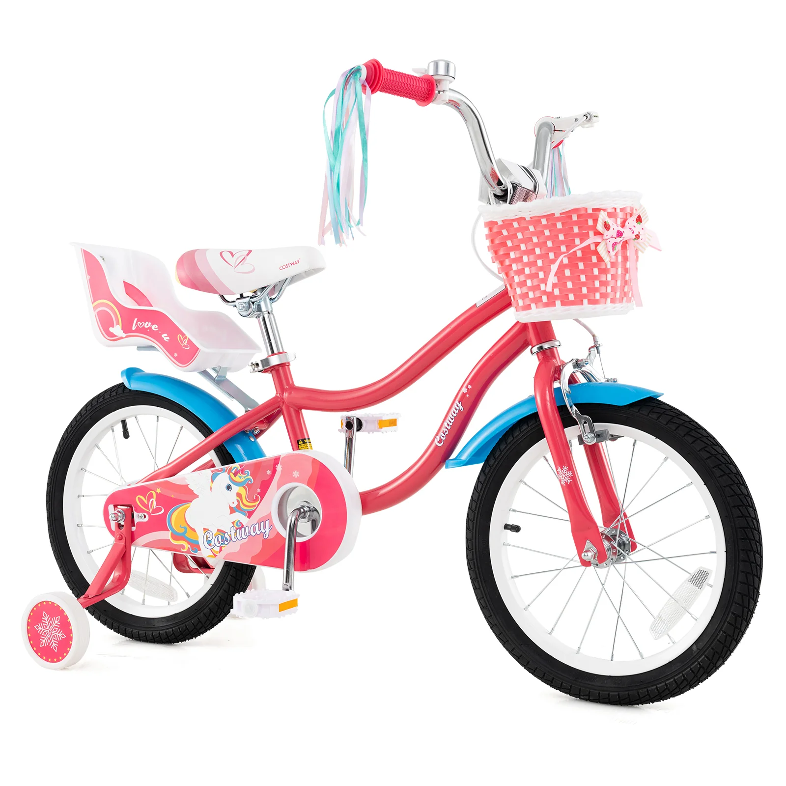 16 Inch Girls Bike, For 4-7 Years Old, With Doll Seat And Training Wheels, Pink