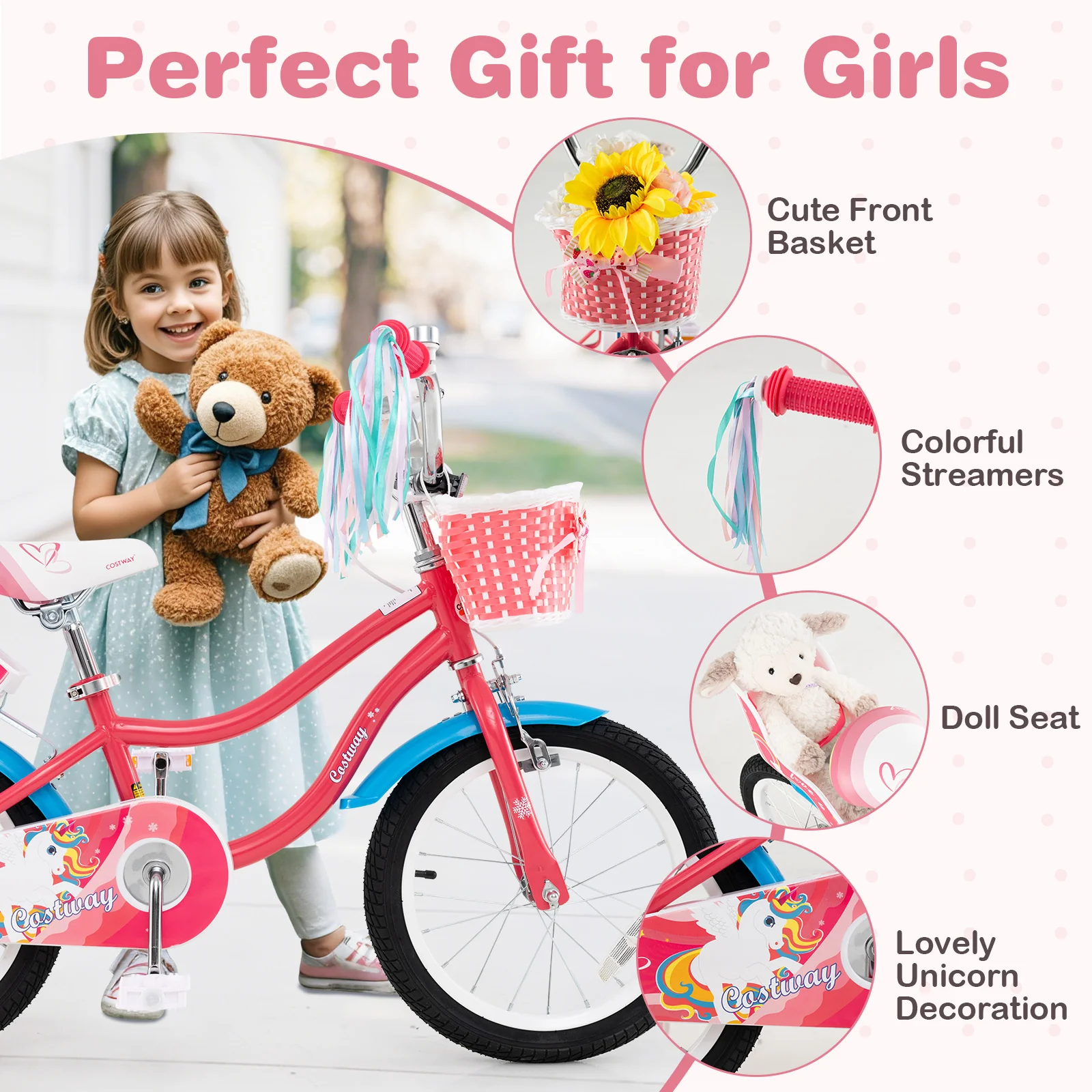16 Inch Girls Bike, For 4-7 Years Old, With Doll Seat And Training Wheels, Pink - Image 10
