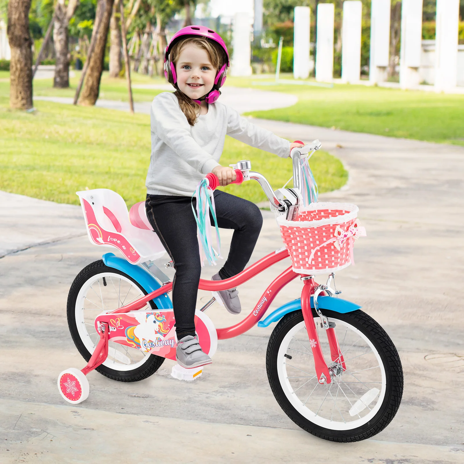 16 Inch Girls Bike, For 4-7 Years Old, With Doll Seat And Training Wheels, Pink - Image 2