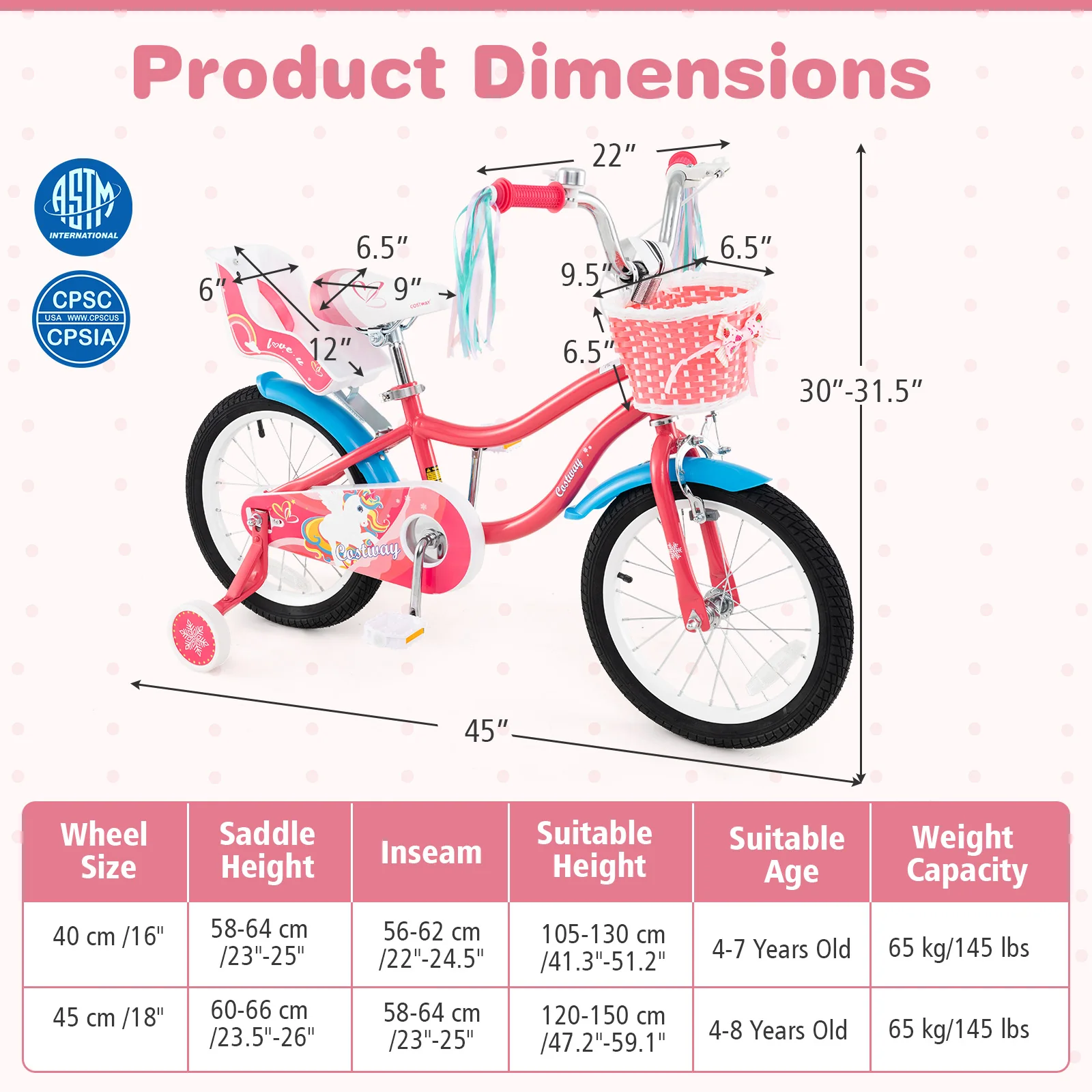 16 Inch Girls Bike, For 4-7 Years Old, With Doll Seat And Training Wheels, Pink - Image 5