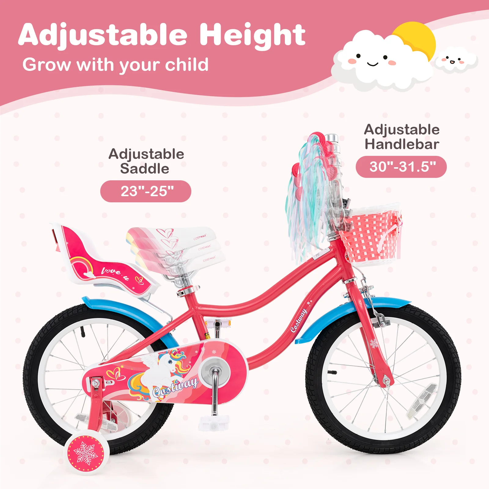 16 Inch Girls Bike, For 4-7 Years Old, With Doll Seat And Training Wheels, Pink - Image 6