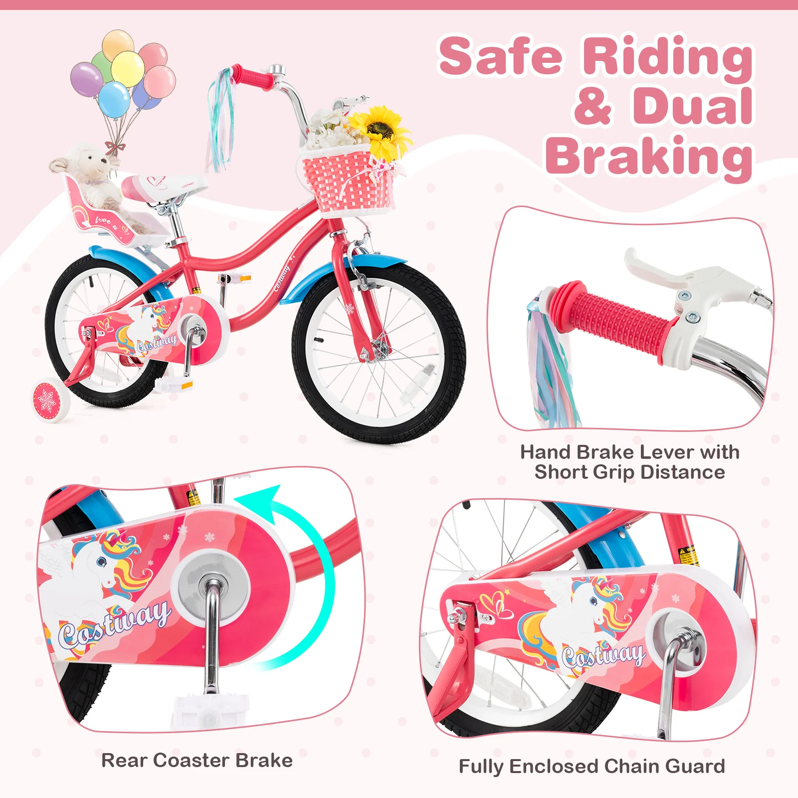 16 Inch Girls Bike, For 4-7 Years Old, With Doll Seat And Training Wheels, Pink - Image 7