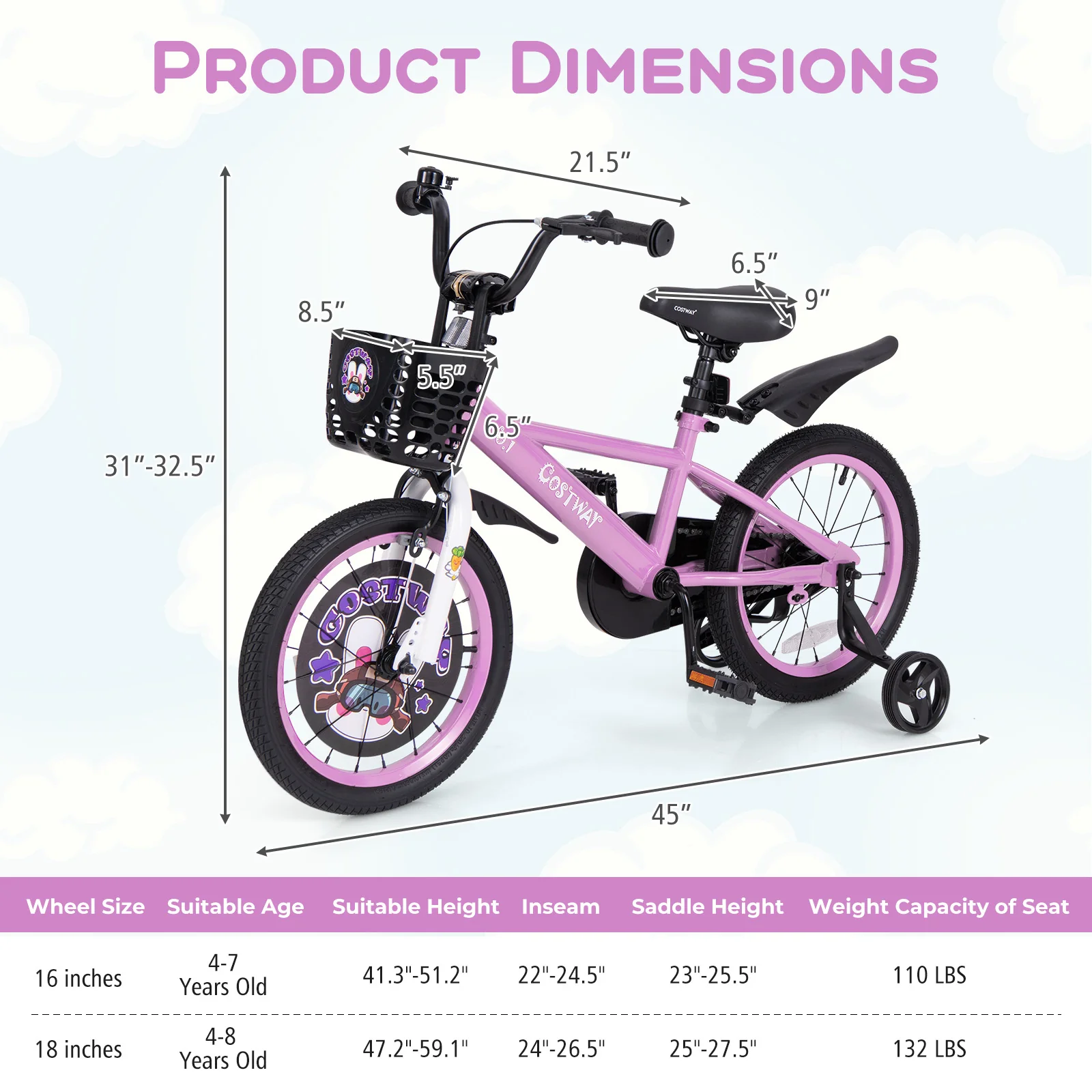 16 Inch Kids Bike, 4-8 Years, Adjustable Handlebar, Purple - Image 5