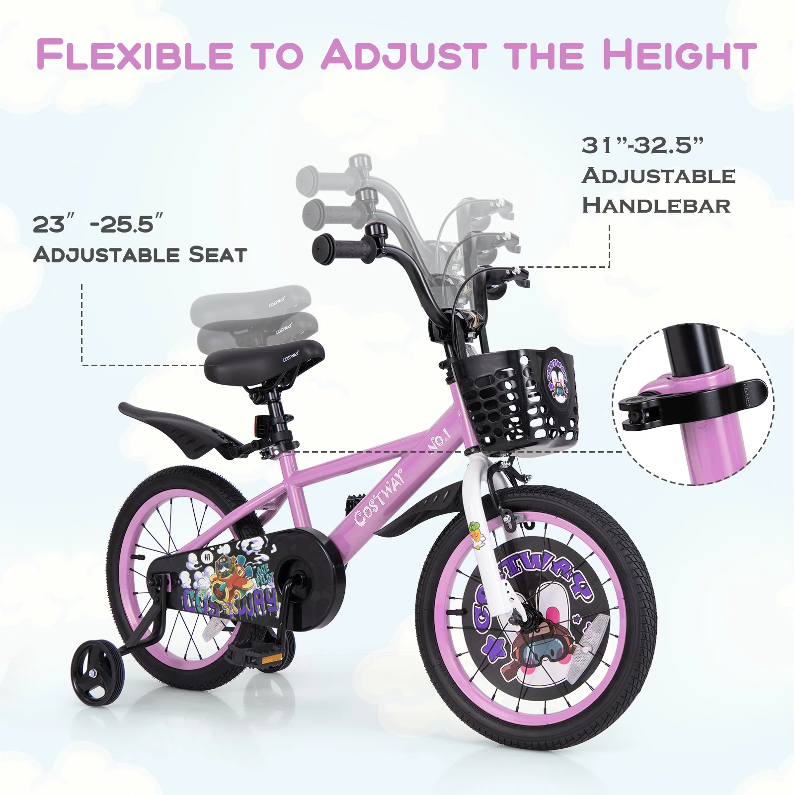 16 Inch Kids Bike, 4-8 Years, Adjustable Handlebar, Purple - Image 6