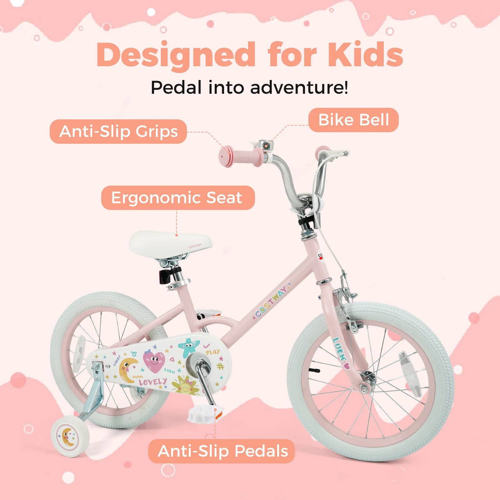 16 Inch Kids Bike Adjustable for 3-8 Years Old Children Pink - Stars & Moon, Pink - Image 6