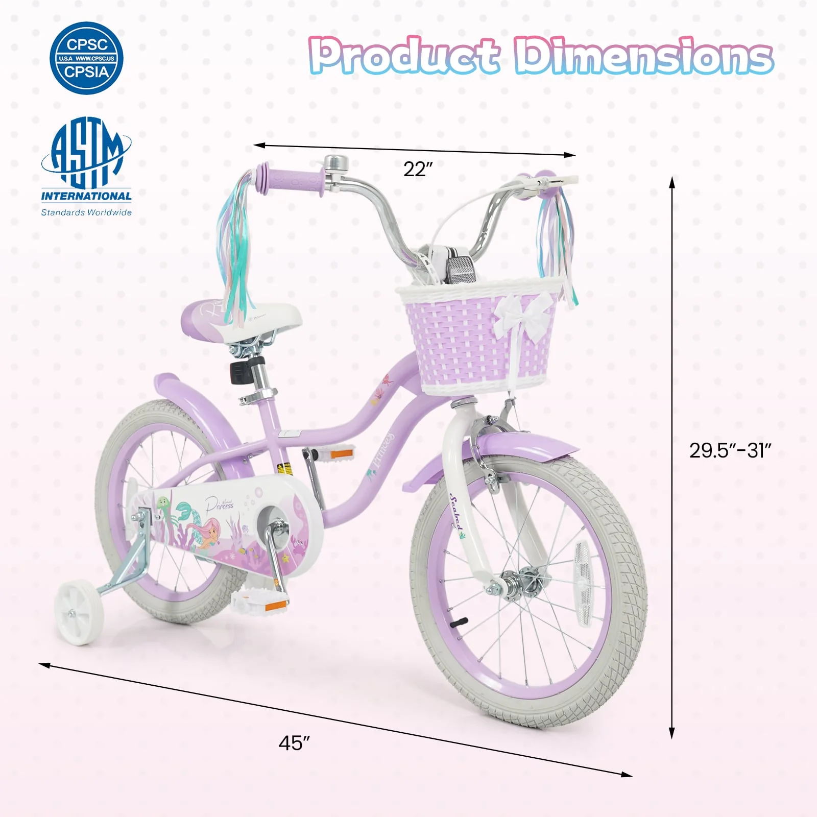 16 Inch Kids Bike, Adjustable, Princess of the Sea Theme, Purple - Image 3