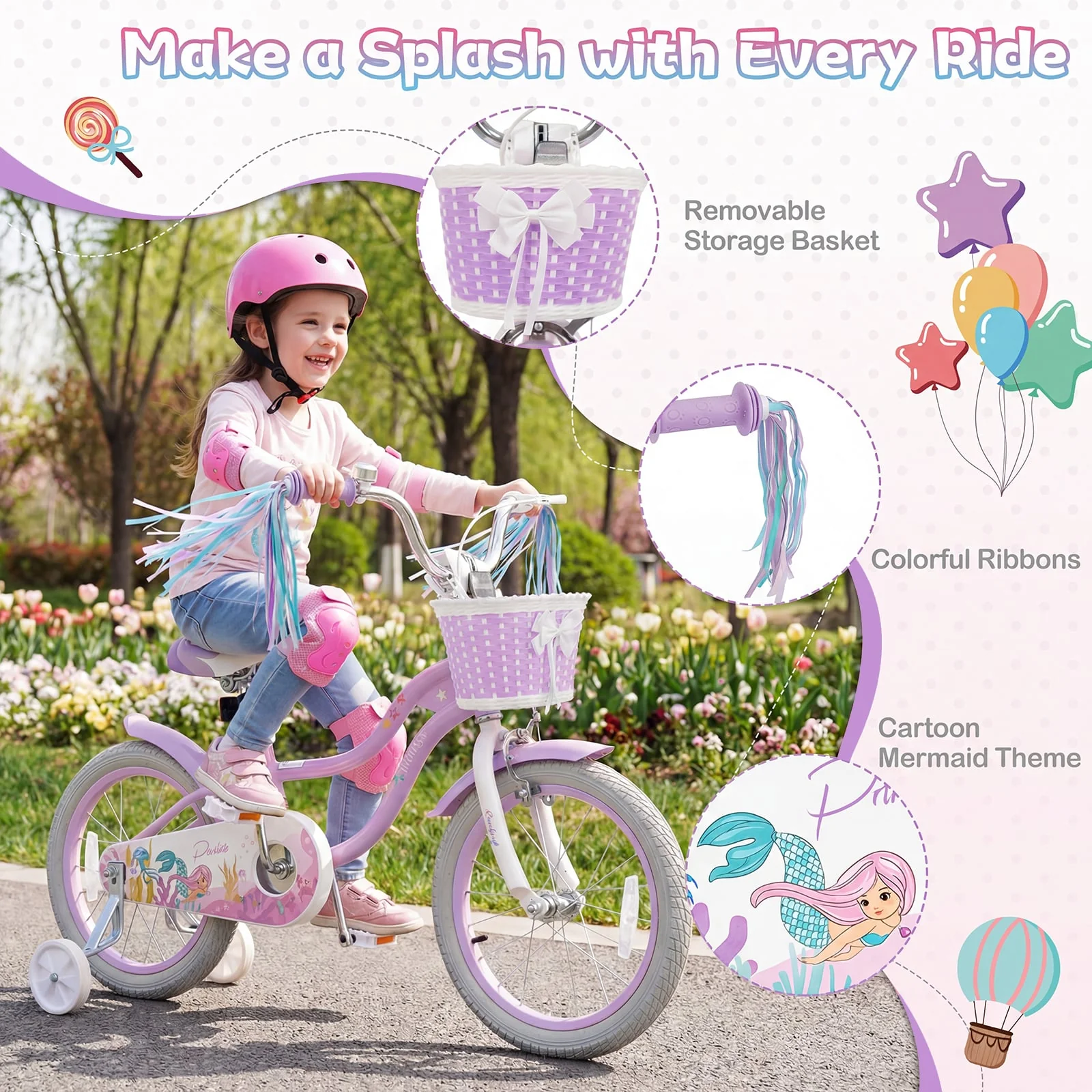 16 Inch Kids Bike, Adjustable, Princess of the Sea Theme, Purple - Image 5