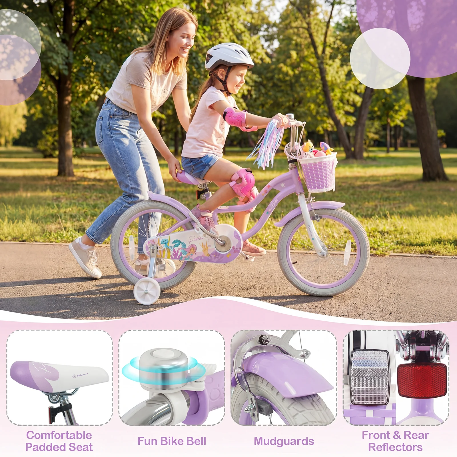 16 Inch Kids Bike, Adjustable, Princess of the Sea Theme, Purple - Image 9