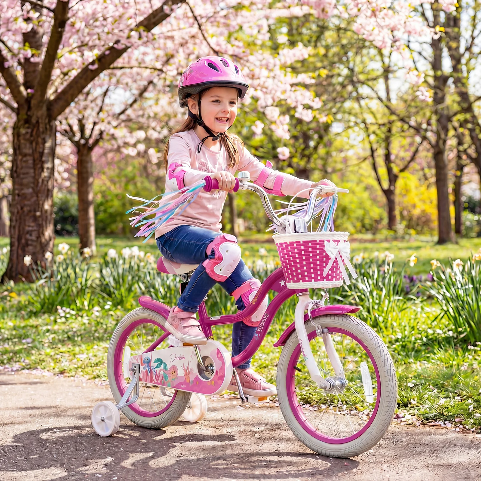 16-Inch Kids Bike Adjustable, Basket, Streamers, Rose Red - Image 3