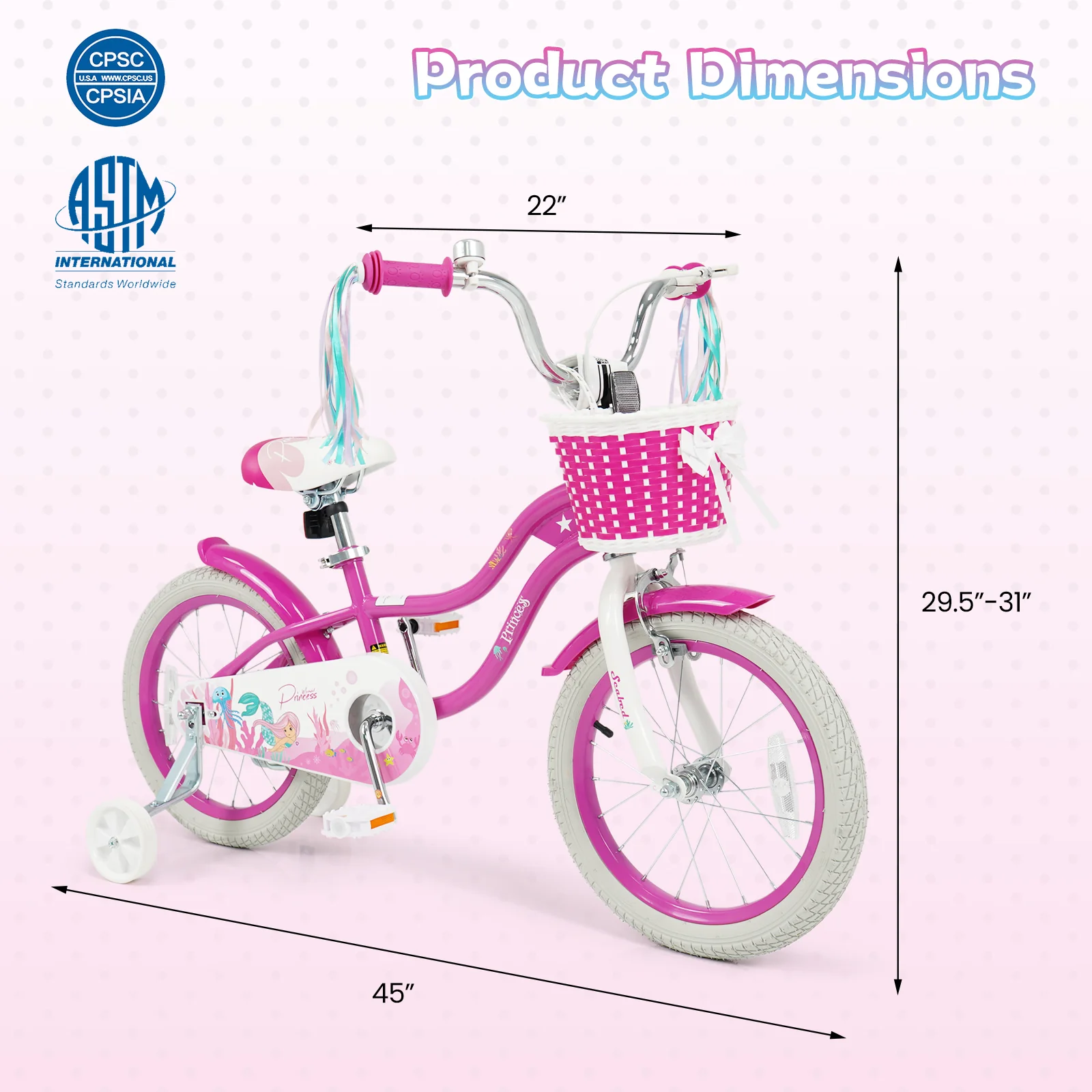 16-Inch Kids Bike Adjustable, Basket, Streamers, Rose Red - Image 4