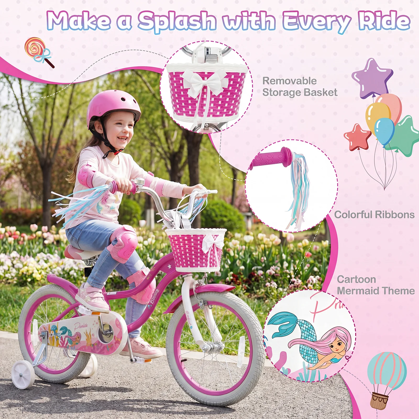 16-Inch Kids Bike Adjustable, Basket, Streamers, Rose Red - Image 9