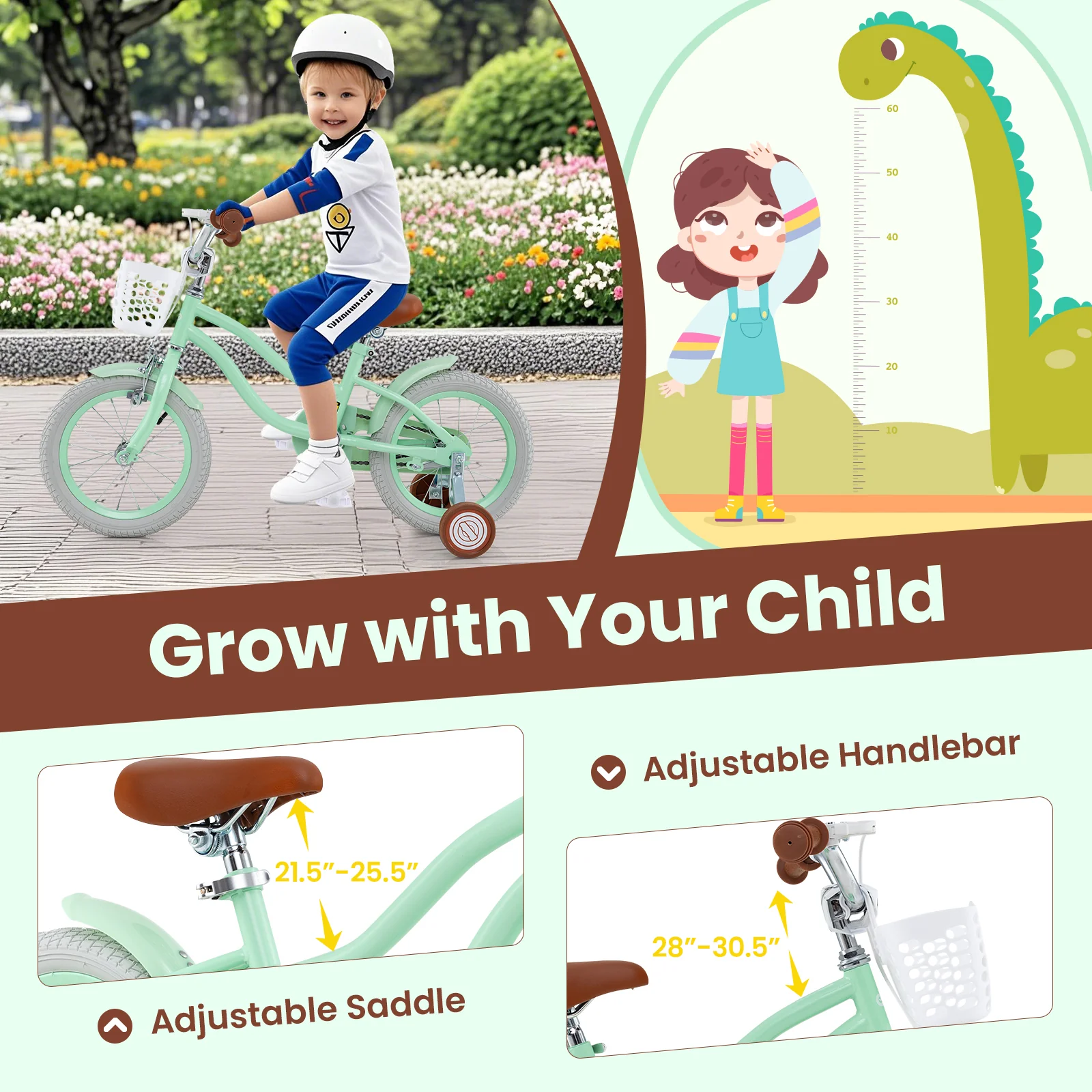16 Inch Kids Bike, Adjustable Seat, Bell, For 3-8 Years, Green - Image 9