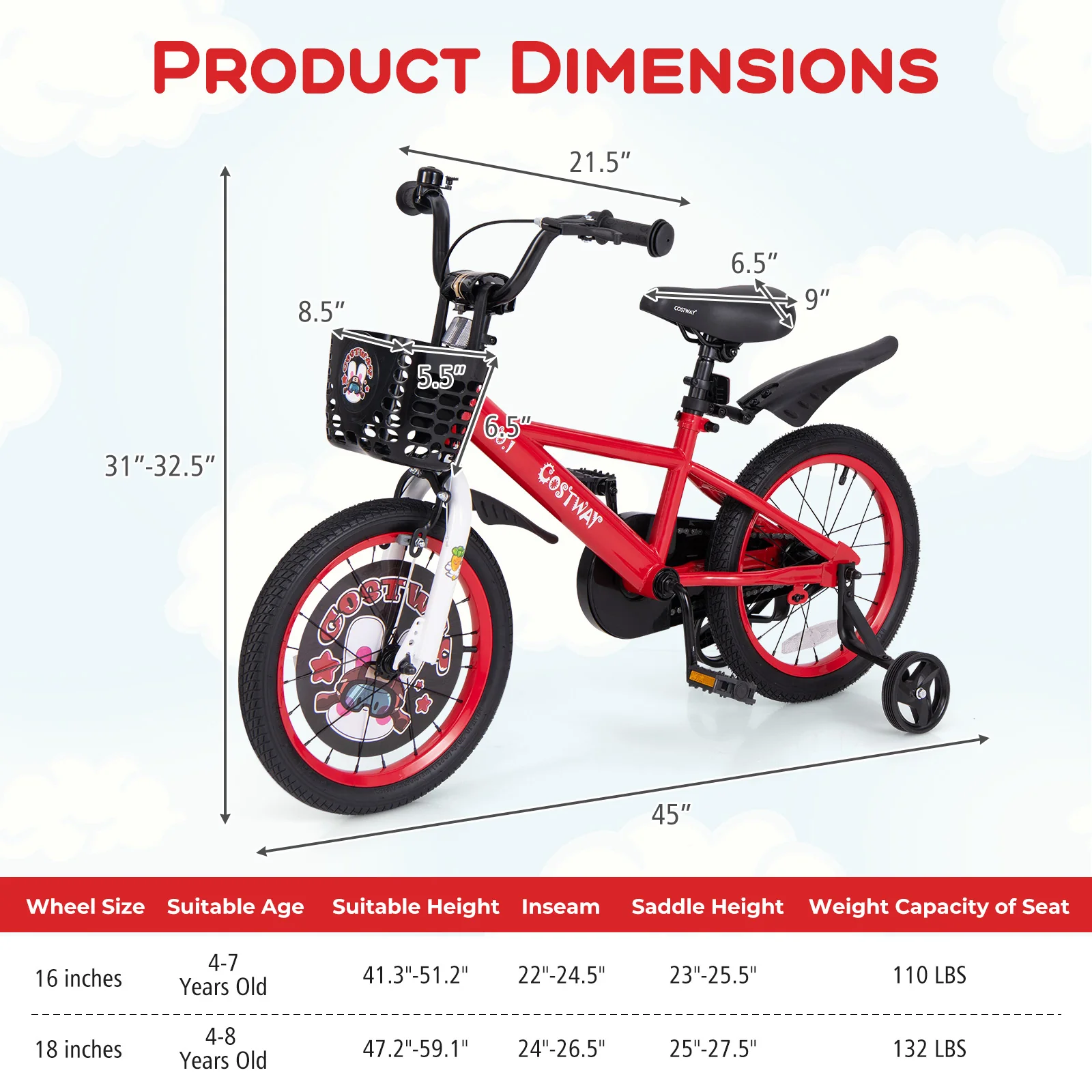 16 Inch Kids Bike, Adjustable, Storage Basket, Double Brake, 4-8 Years, Red - Image 5