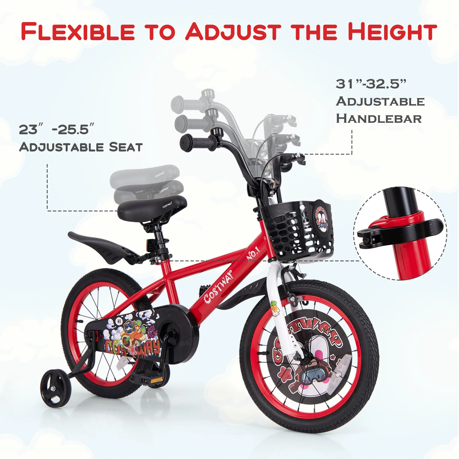 16 Inch Kids Bike, Adjustable, Storage Basket, Double Brake, 4-8 Years, Red - Image 7