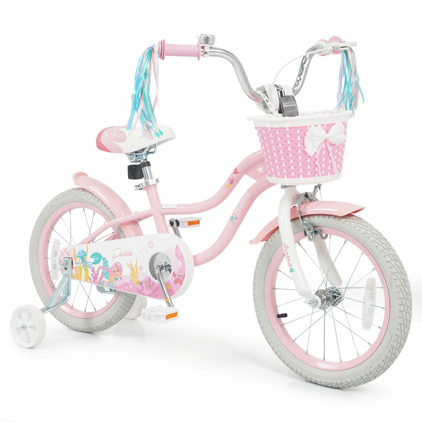 16 Inch Kids Bike Adjustable with Basket and Streamers for Girls Aged 4-7 Years Old Pink, Pink