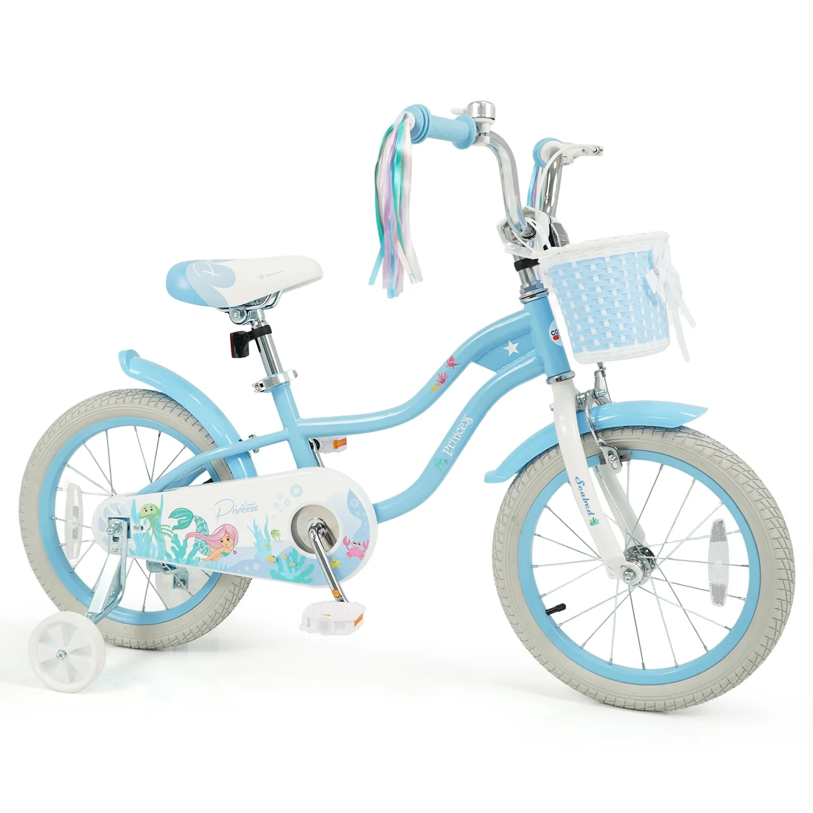 16 Inch Kids Bike, Adjustable With Basket, Princess Of The Sea Theme, Blue