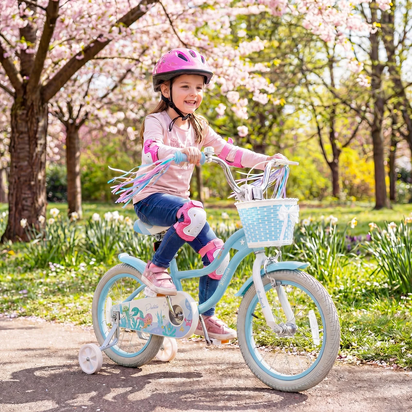 16 Inch Kids Bike, Adjustable With Basket, Princess Of The Sea Theme, Blue - Image 3