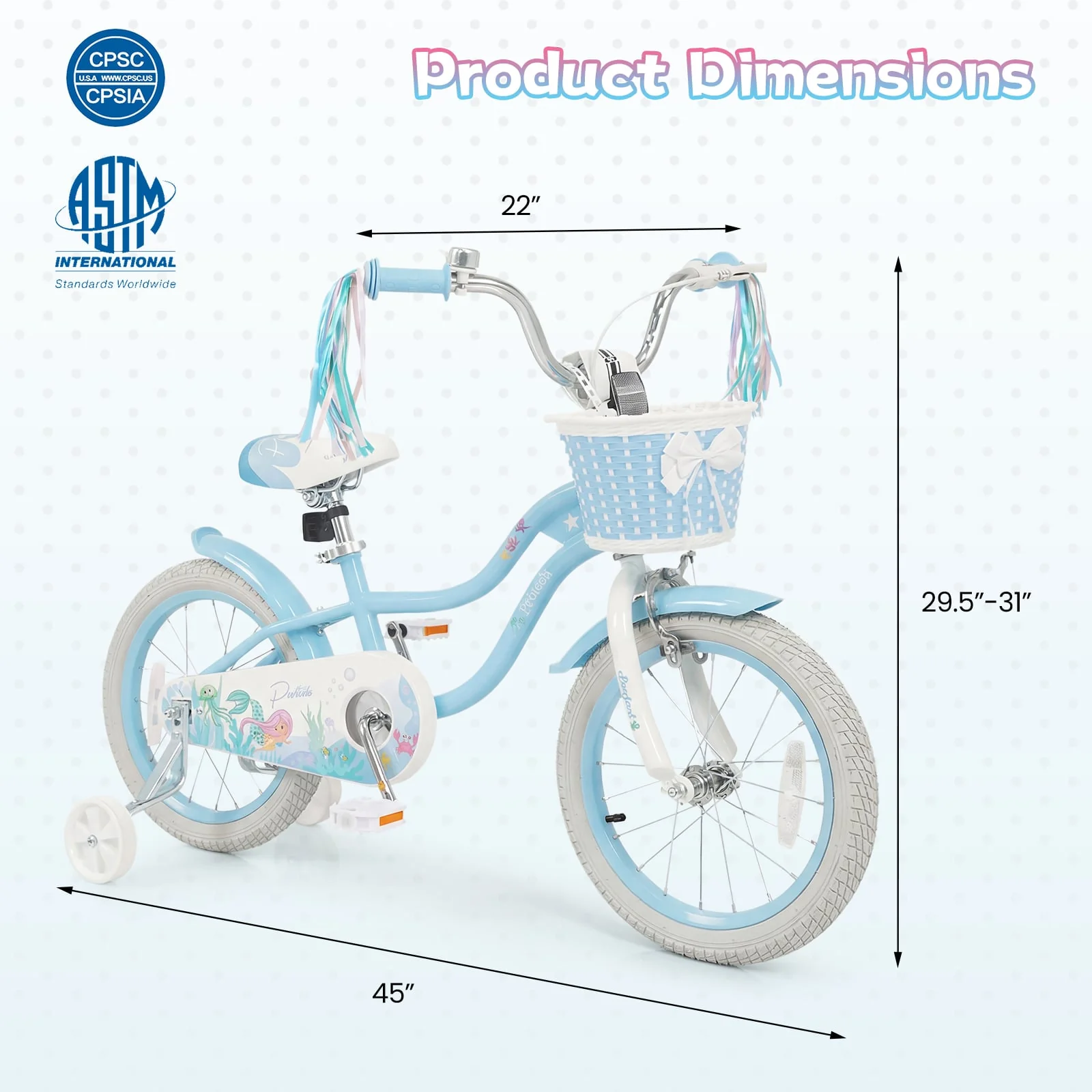 16 Inch Kids Bike, Adjustable With Basket, Princess Of The Sea Theme, Blue - Image 4