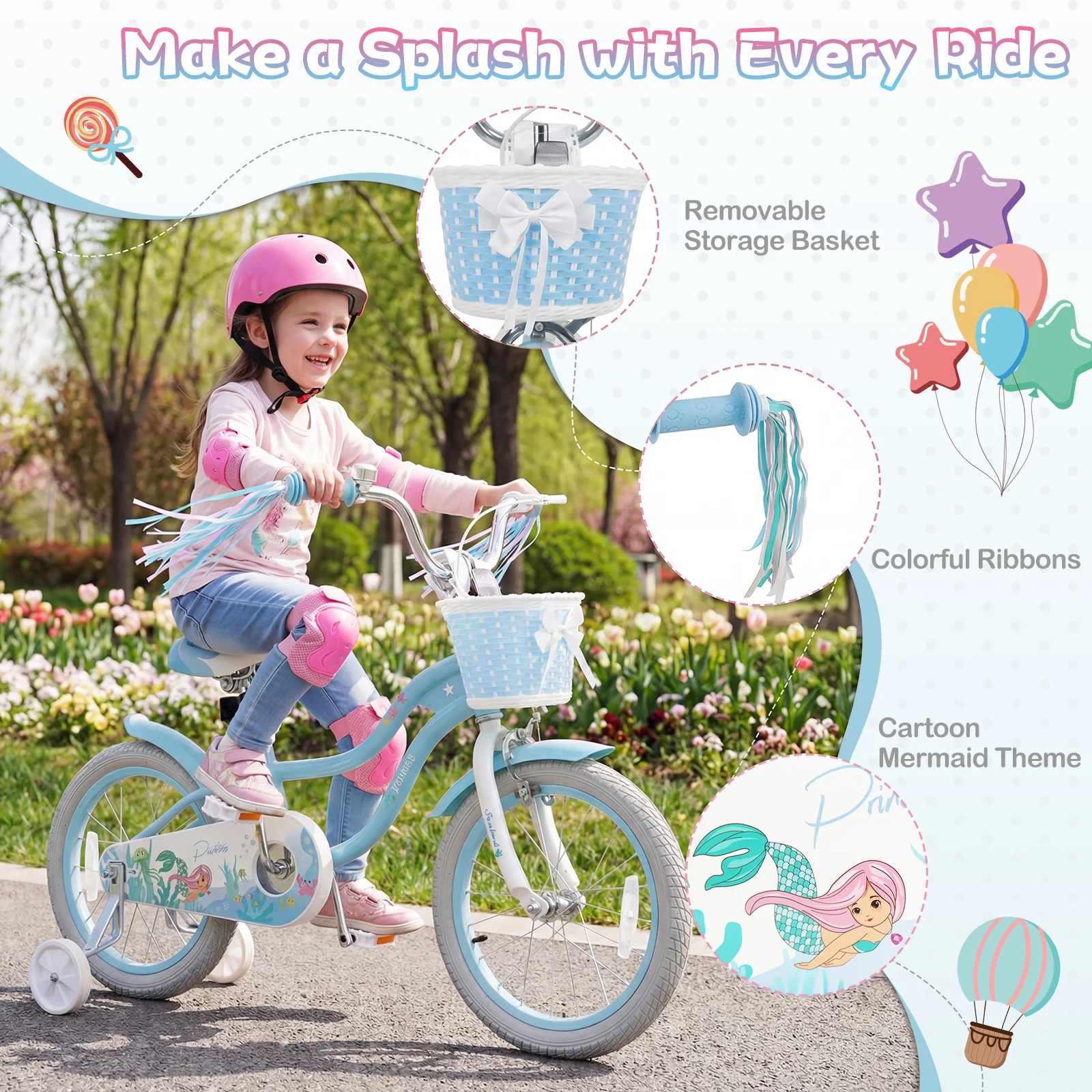 16 Inch Kids Bike, Adjustable With Basket, Princess Of The Sea Theme, Blue - Image 6
