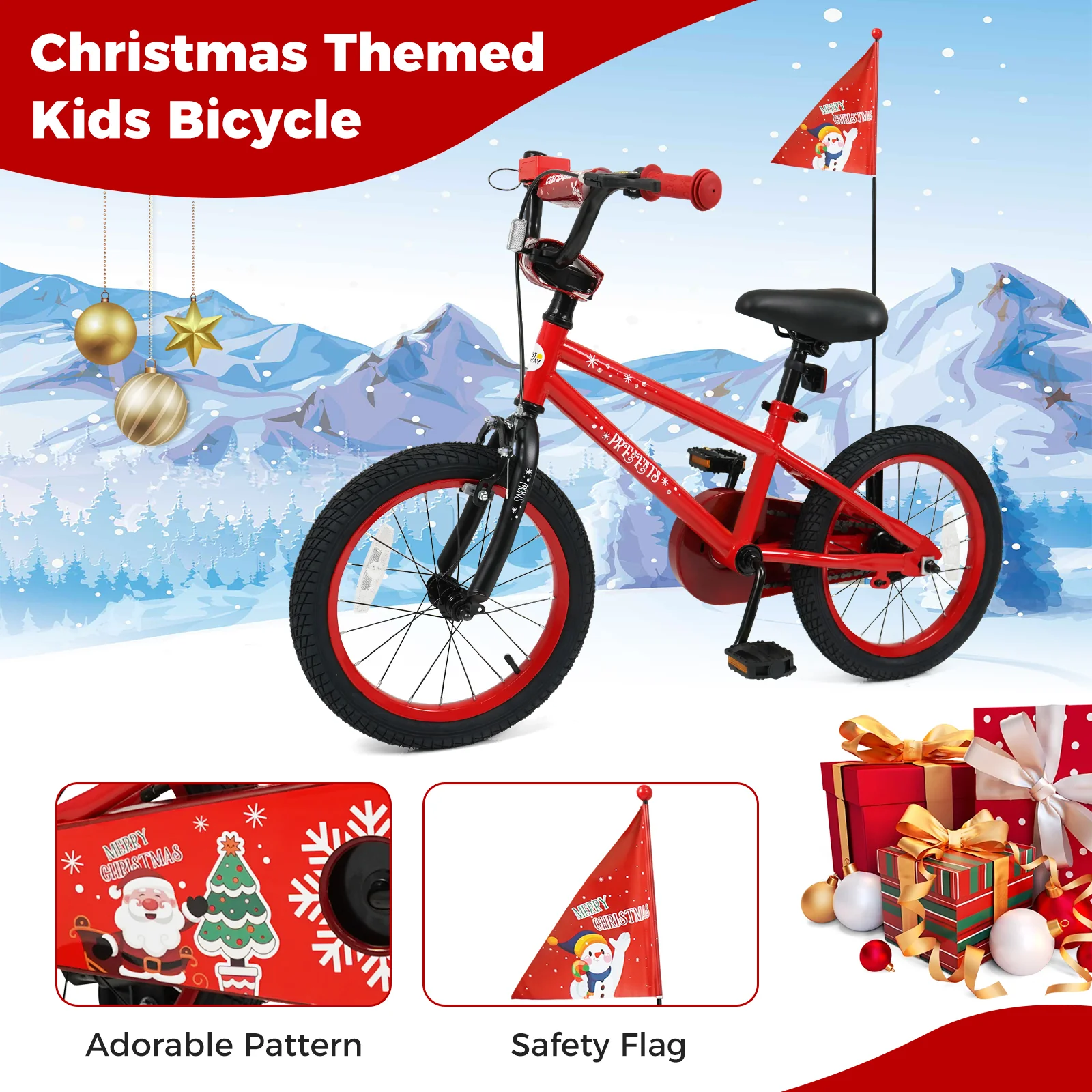 16 Inch Kids Bike Adjustable with Christmas Music & Flag for Aged 4-7 Years Old, Red - Image 10