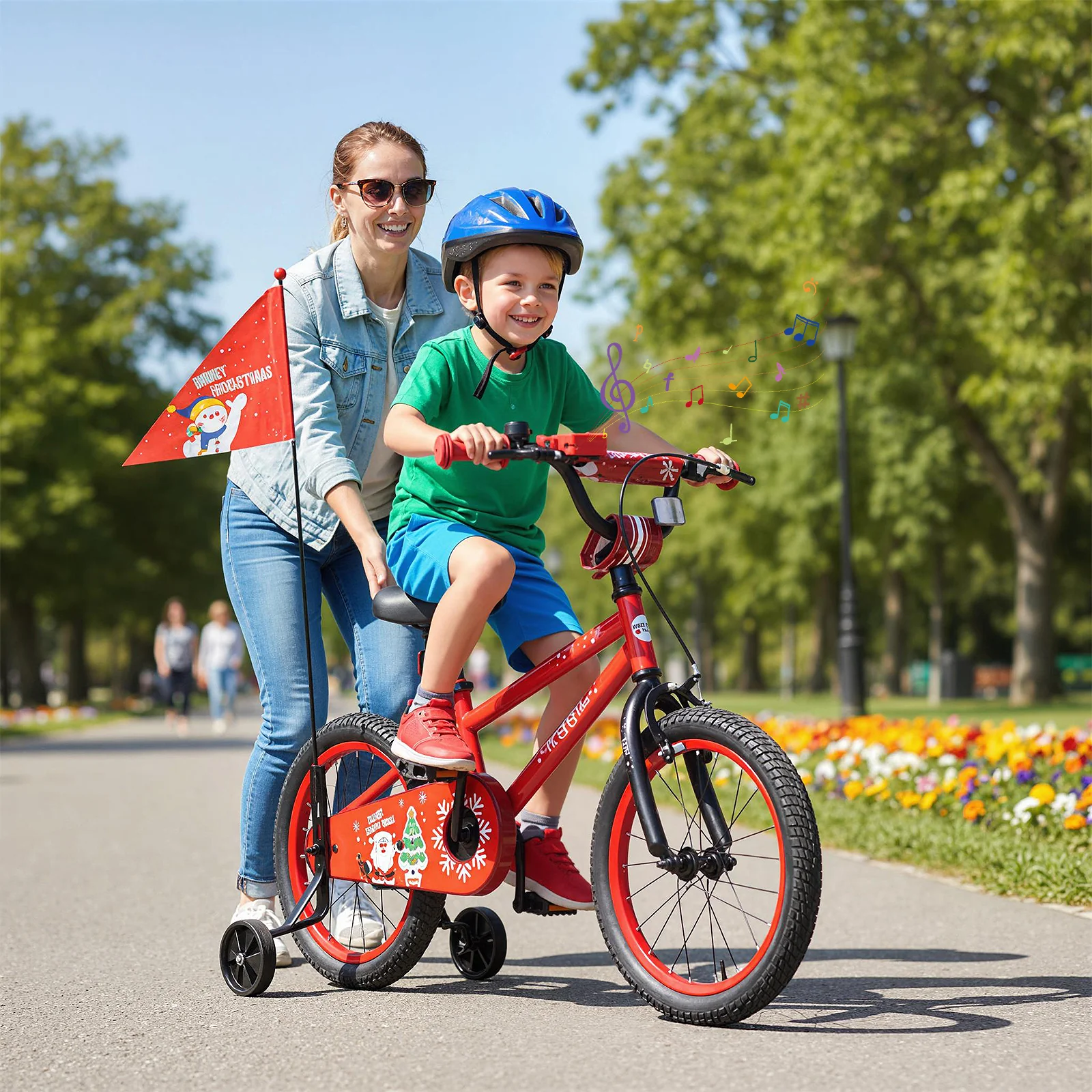 16 Inch Kids Bike Adjustable with Christmas Music & Flag for Aged 4-7 Years Old, Red - Image 2