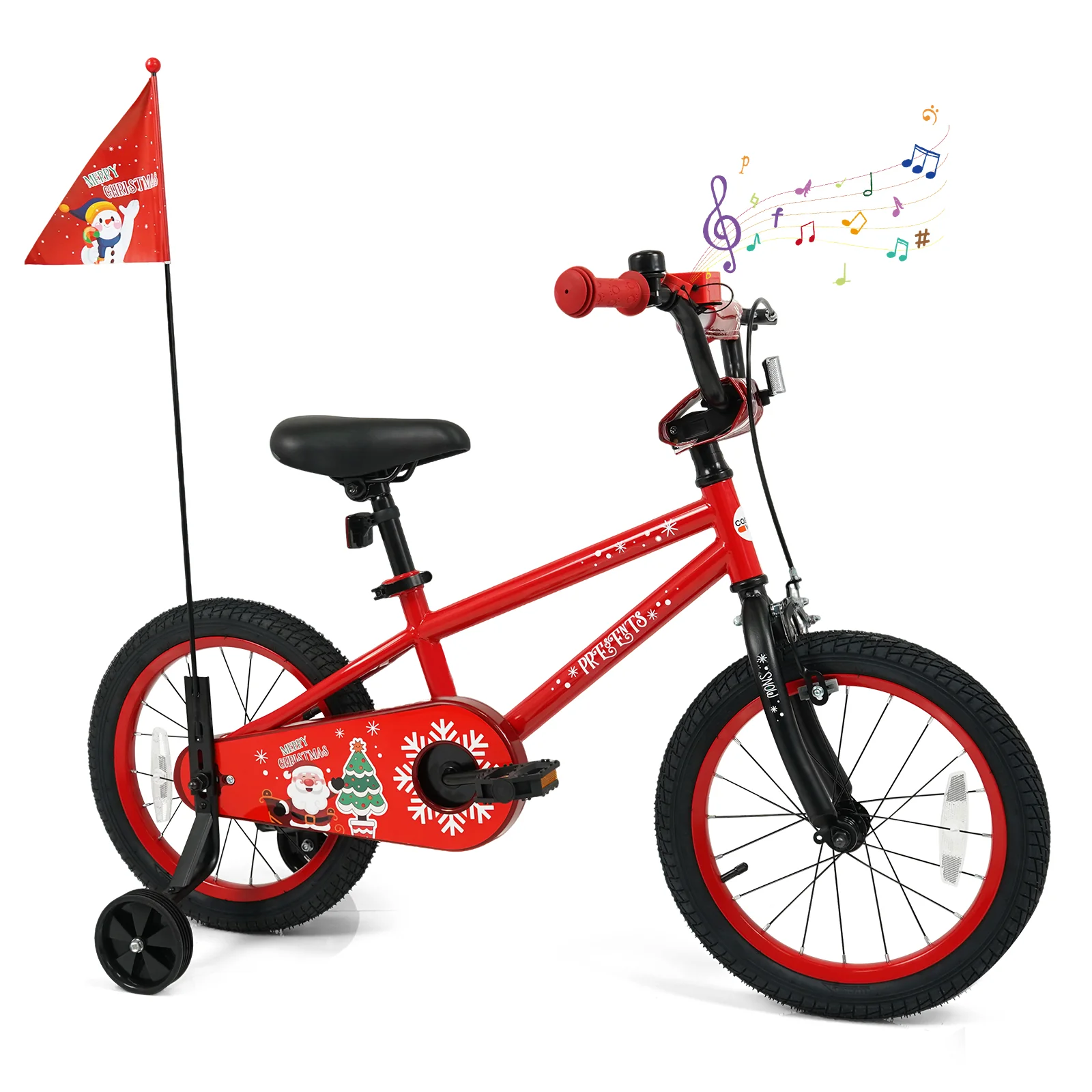16 Inch Kids Bike Adjustable with Christmas Music & Flag for Aged 4-7 Years Old, Red - Image 3