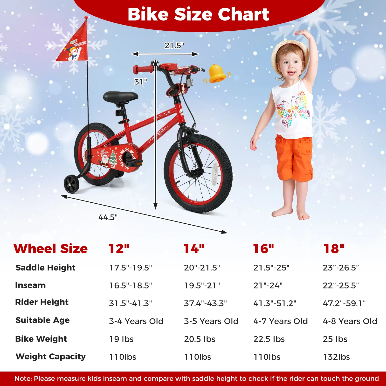 16 Inch Kids Bike Adjustable with Christmas Music & Flag for Aged 4-7 Years Old, Red - Image 4