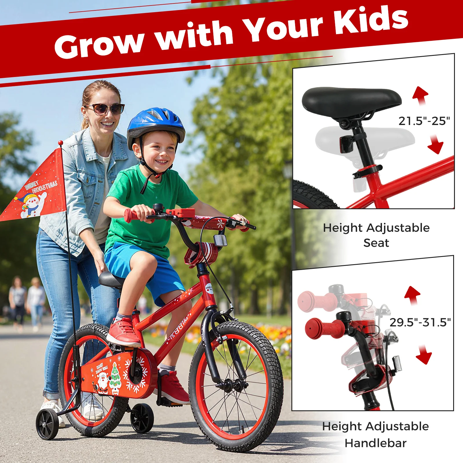 16 Inch Kids Bike Adjustable with Christmas Music & Flag for Aged 4-7 Years Old, Red - Image 5