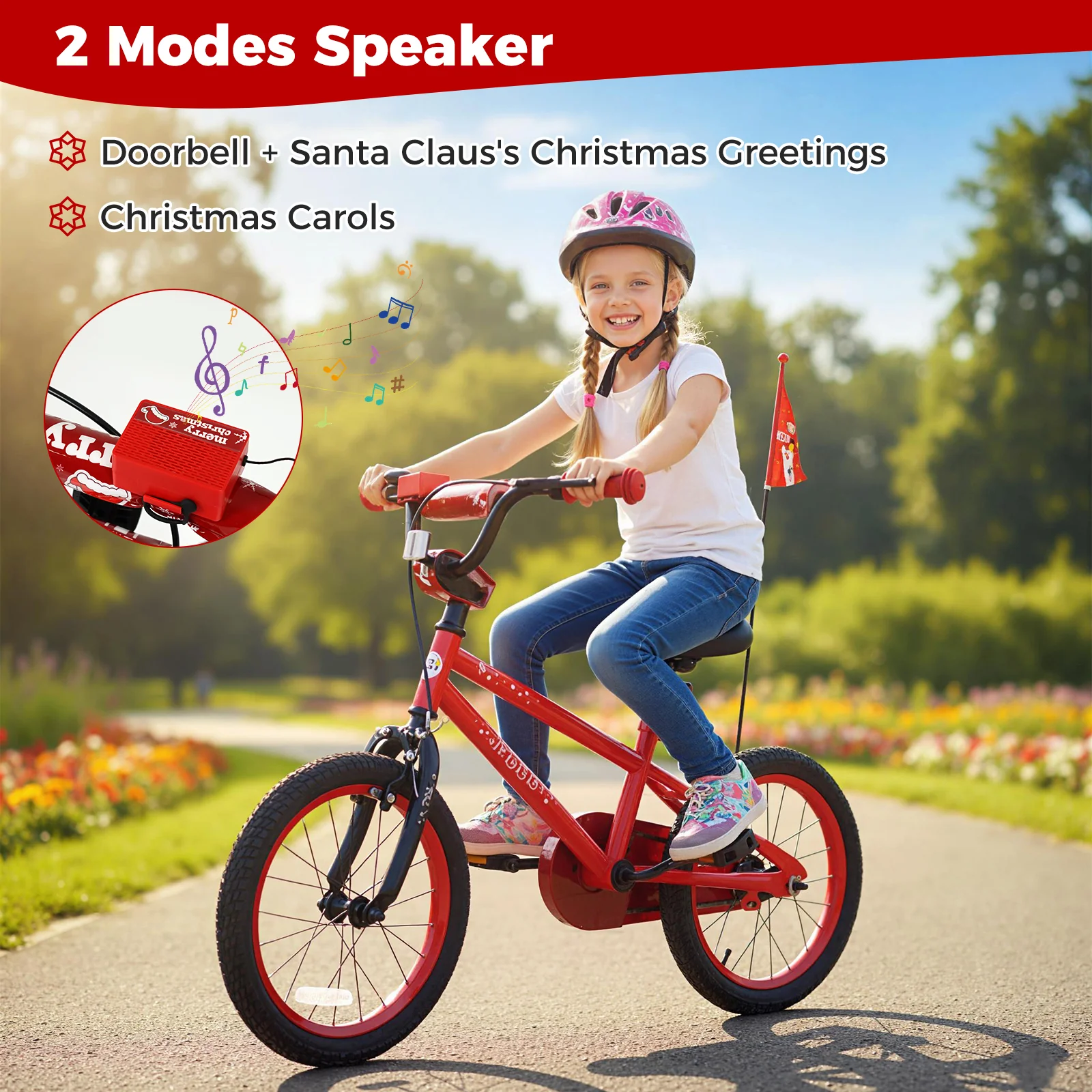 16 Inch Kids Bike Adjustable with Christmas Music & Flag for Aged 4-7 Years Old, Red - Image 8