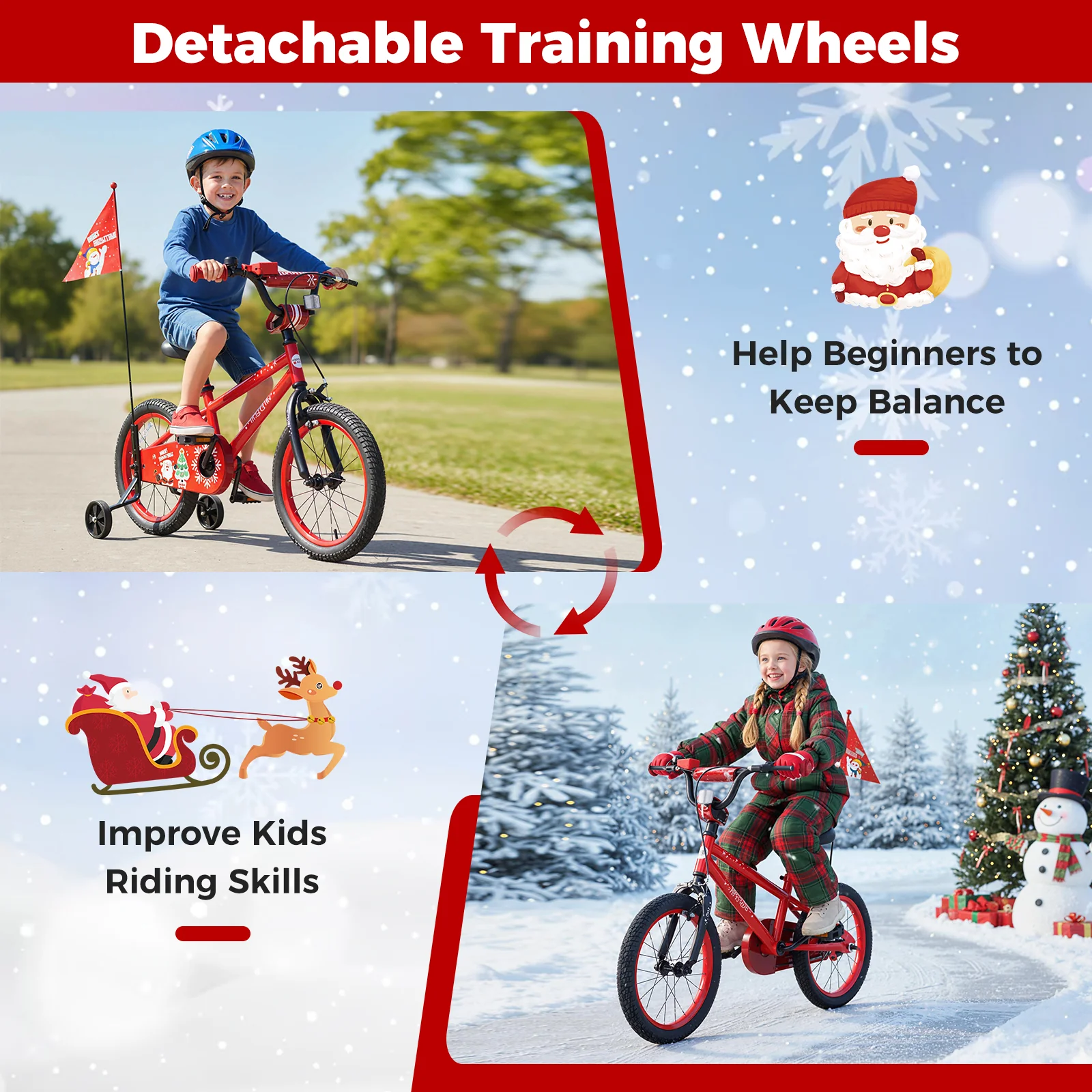 16 Inch Kids Bike Adjustable with Christmas Music & Flag for Aged 4-7 Years Old, Red - Image 9