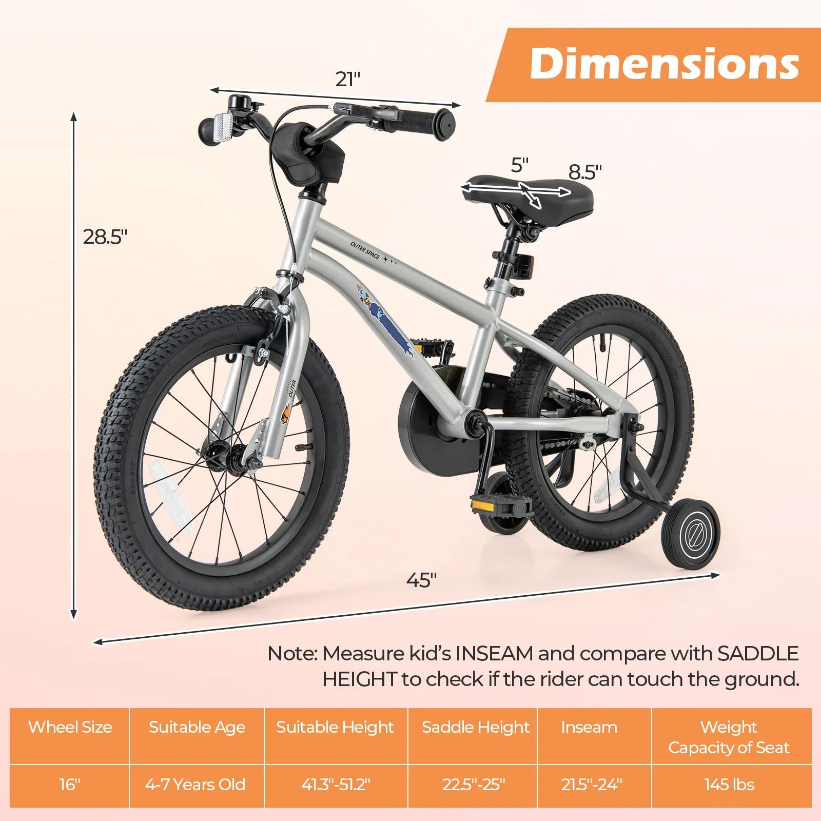 16-Inch Kids Bike For Boys Girls, Adjustable, High Carbon Steel Frame, Silver - Image 5