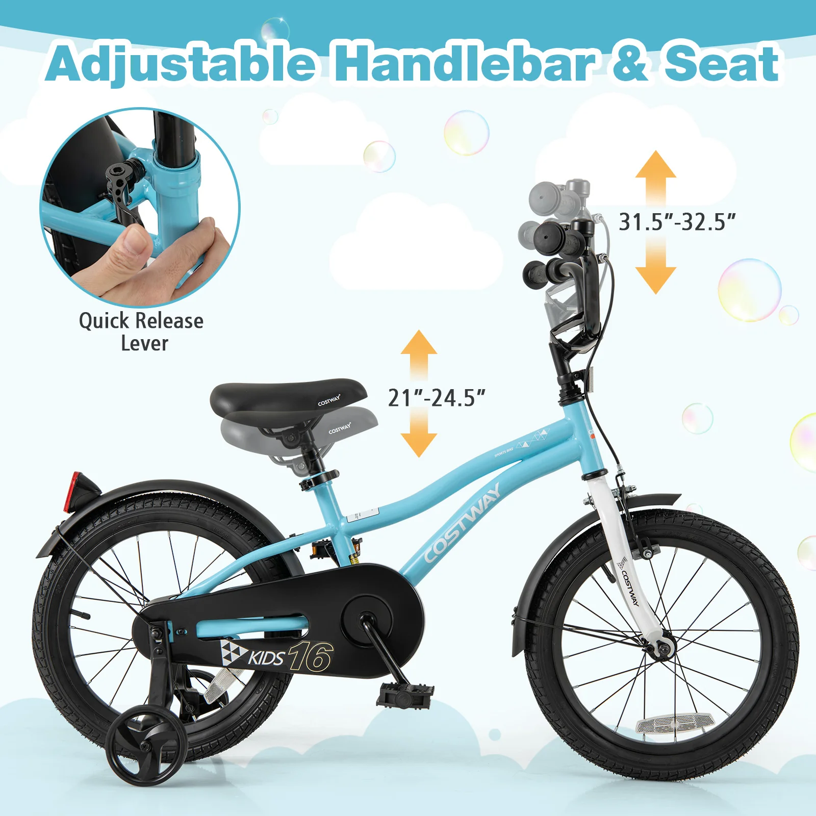 16-Inch Kids Bike, Training Wheels, For 4-7 Years Old, Blue - Image 7