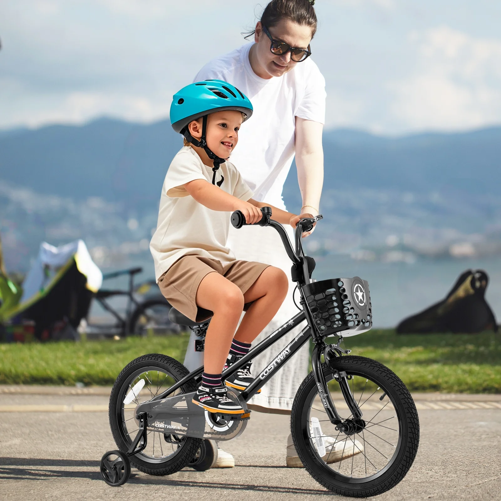 16 Inch Kids Bike With Basket, Training Wheels, Black - Image 2