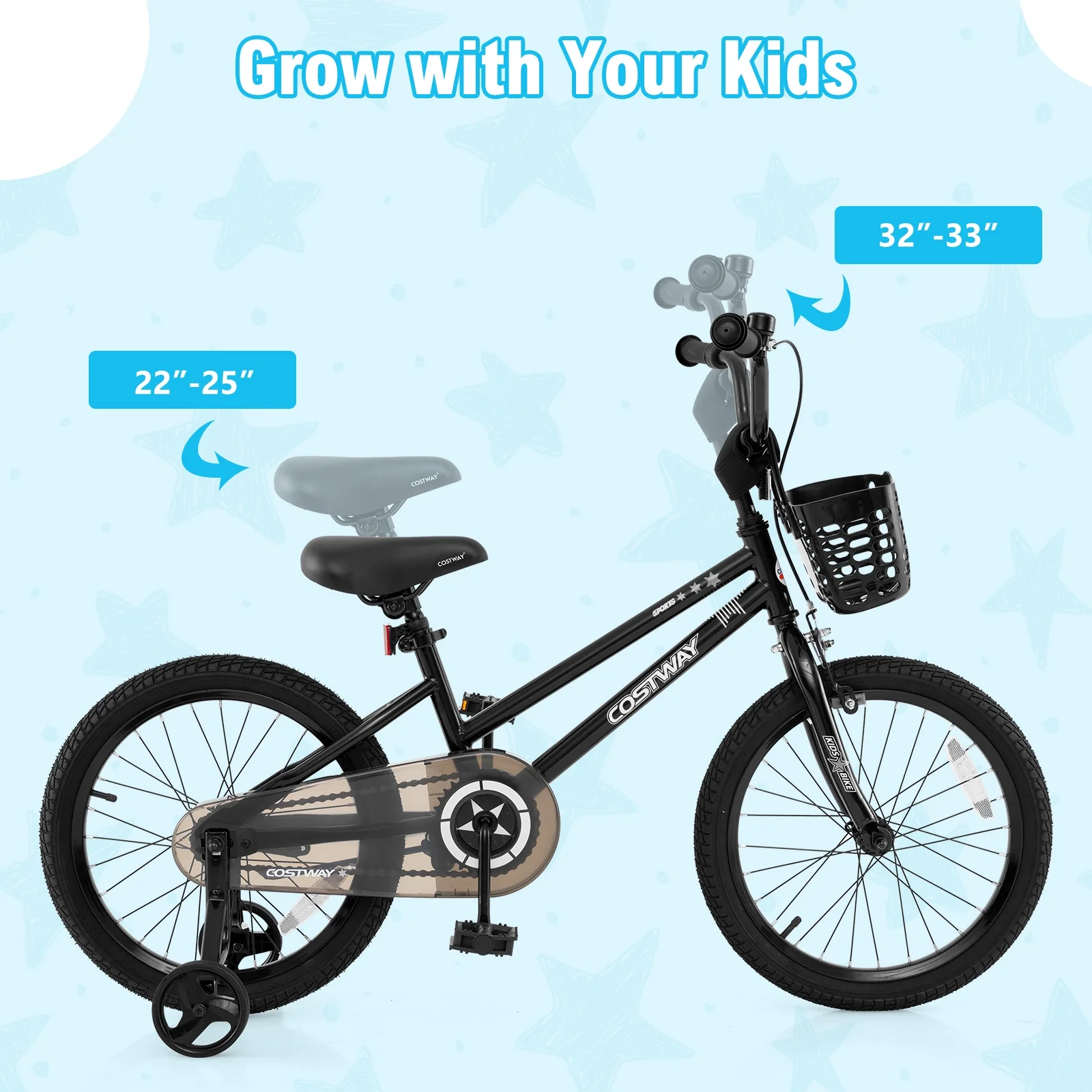 16 Inch Kids Bike With Basket, Training Wheels, Black - Image 6