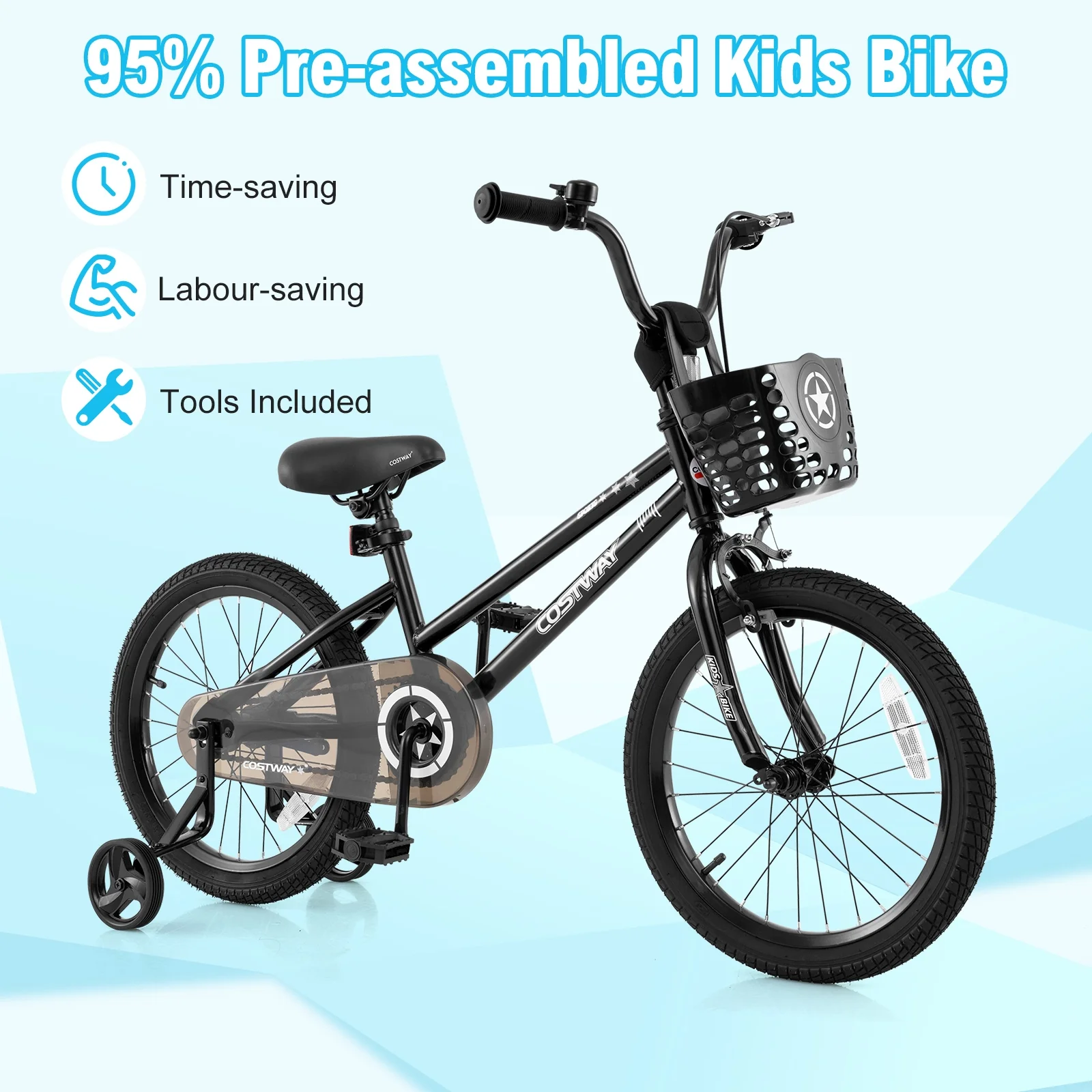 16 Inch Kids Bike With Basket, Training Wheels, Black - Image 8