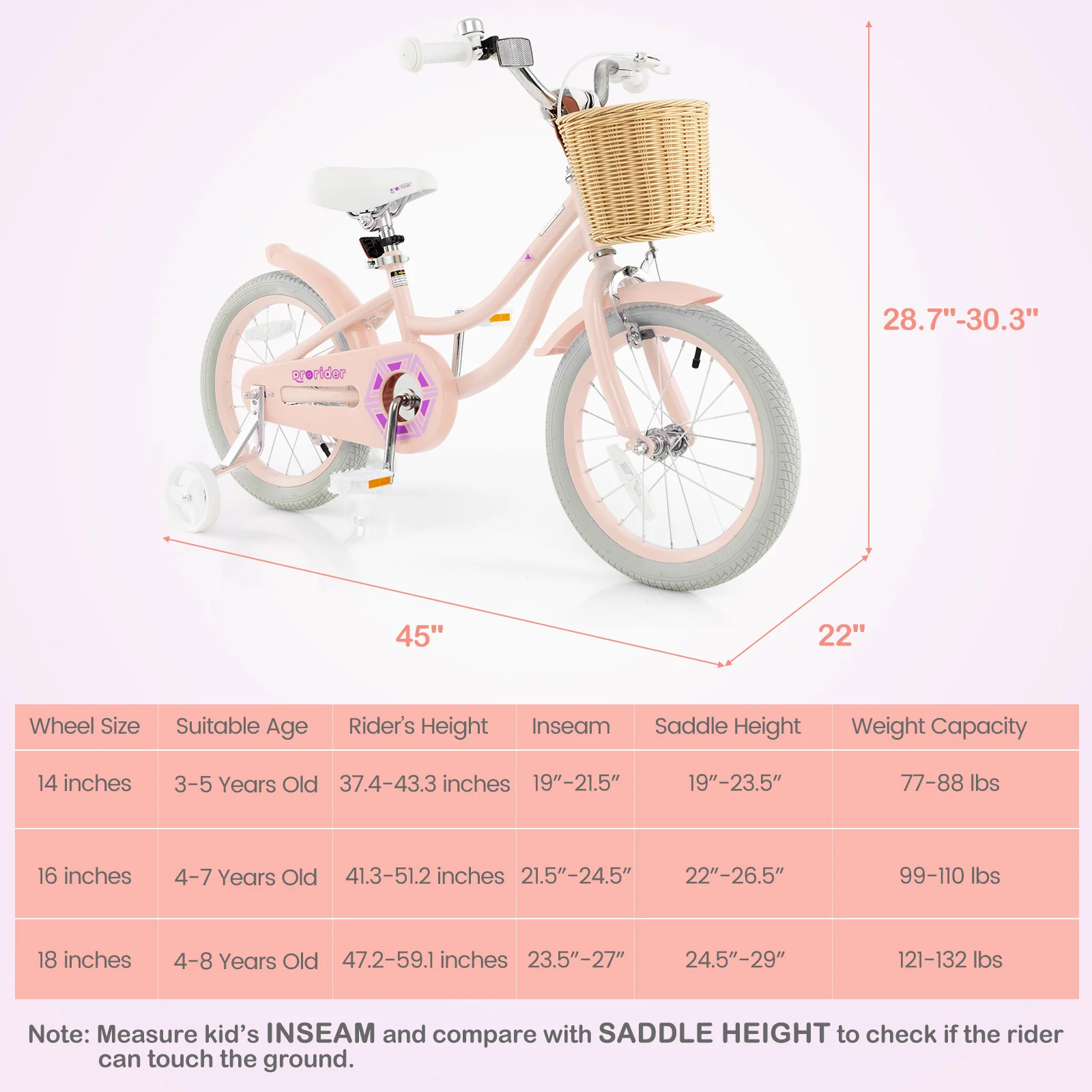16-Inch Kids Bike With Training Wheels, Adjustable Seat, Pink - Image 6