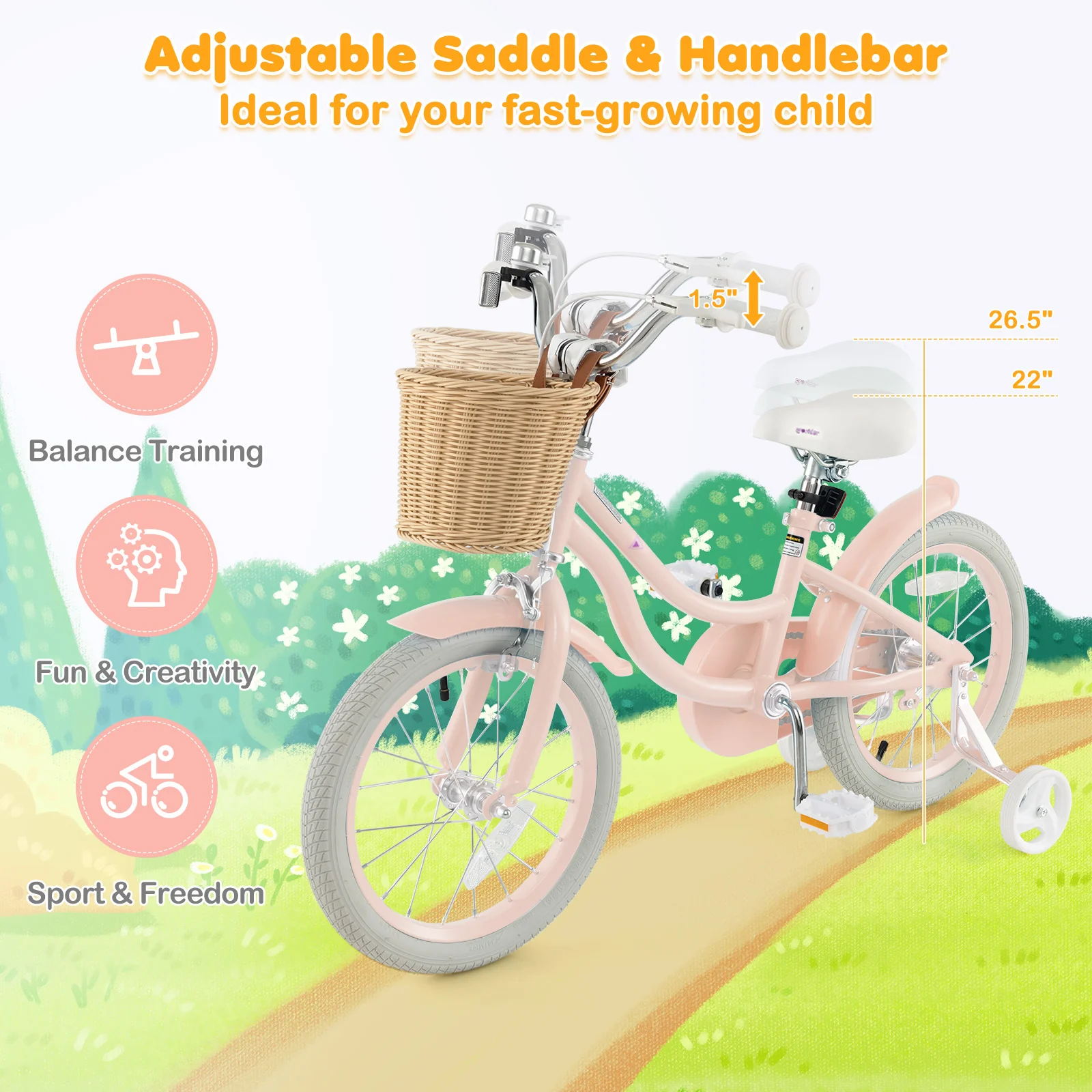 16-Inch Kids Bike With Training Wheels, Adjustable Seat, Pink - Image 7