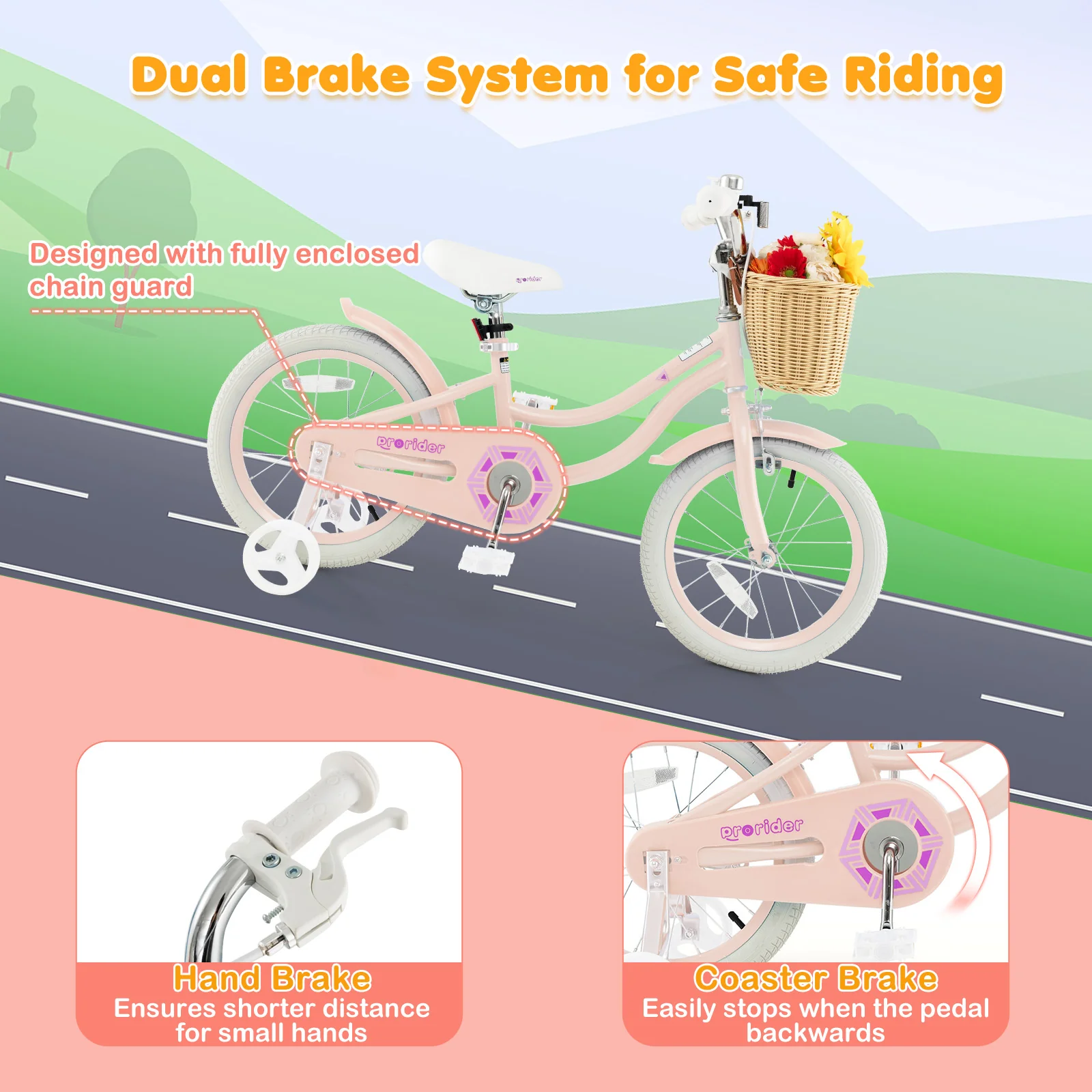 16-Inch Kids Bike With Training Wheels, Adjustable Seat, Pink - Image 8