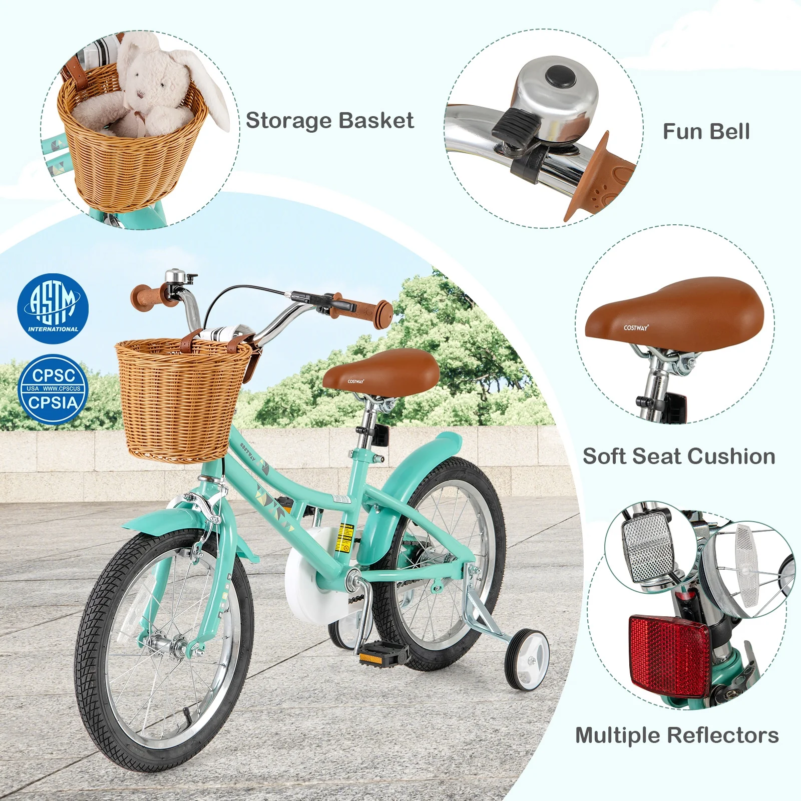 16 Inch Kids Bike With Training Wheels, Ages 4-7 Years, Green - Image 10