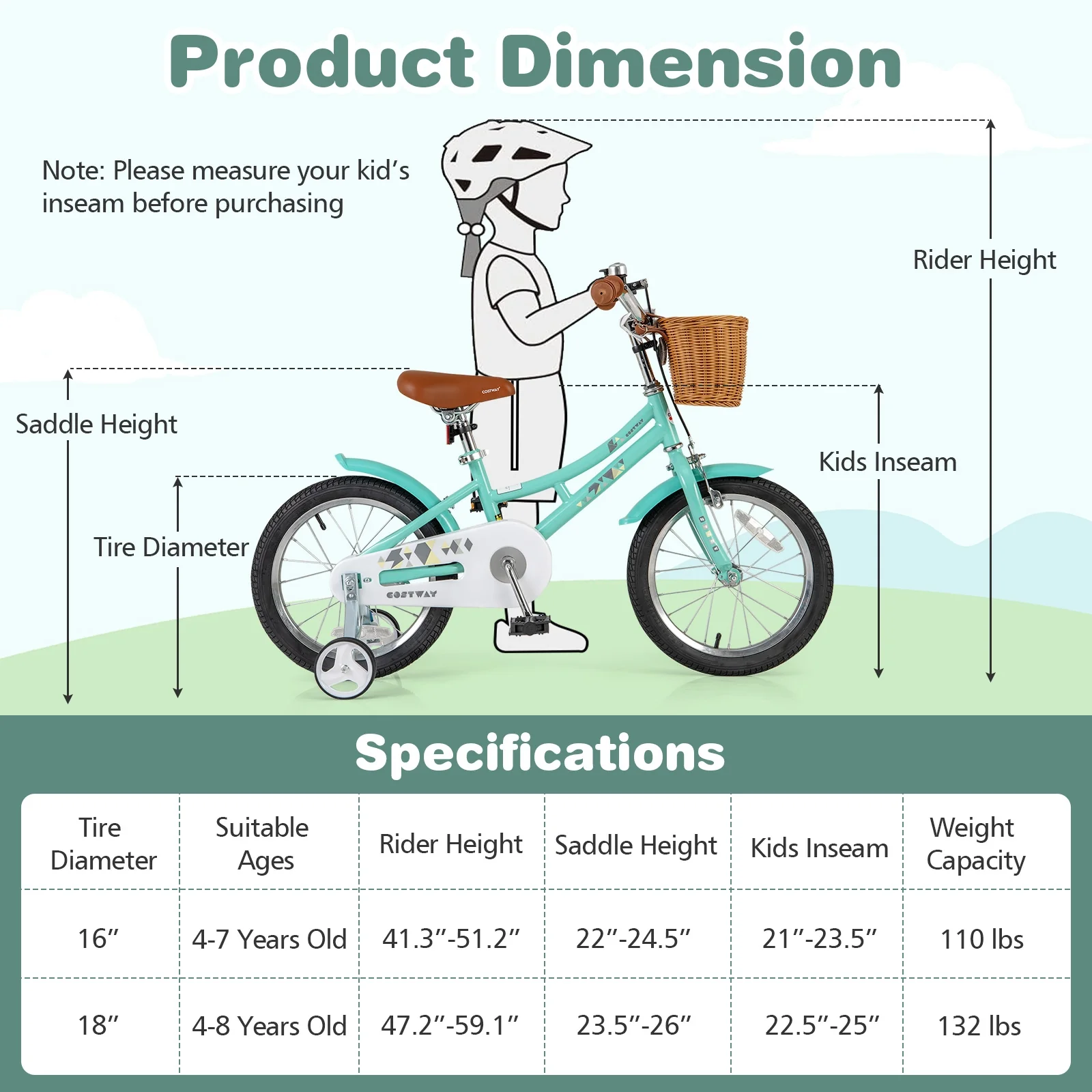 16 Inch Kids Bike With Training Wheels, Ages 4-7 Years, Green - Image 5