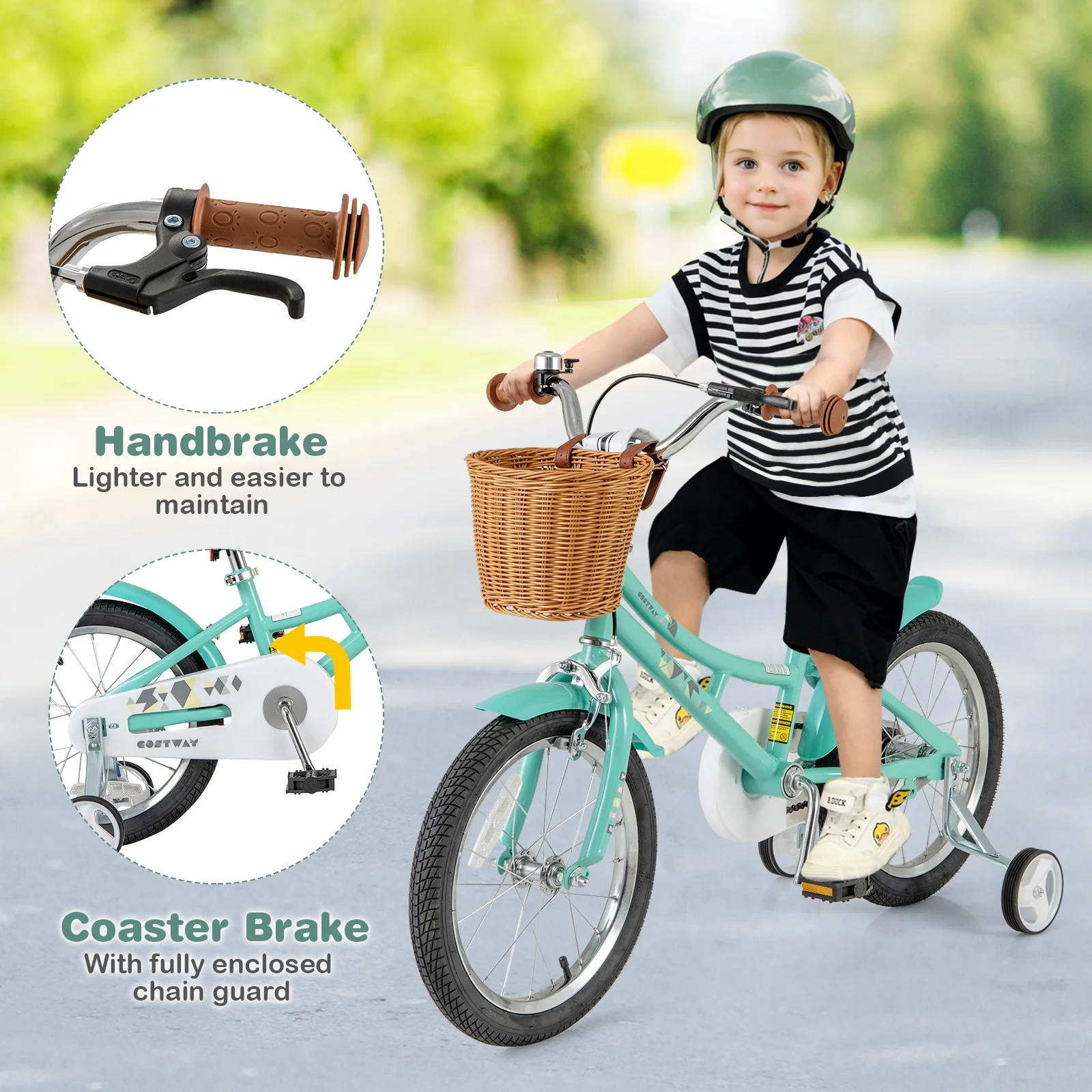 16 Inch Kids Bike With Training Wheels, Ages 4-7 Years, Green - Image 9