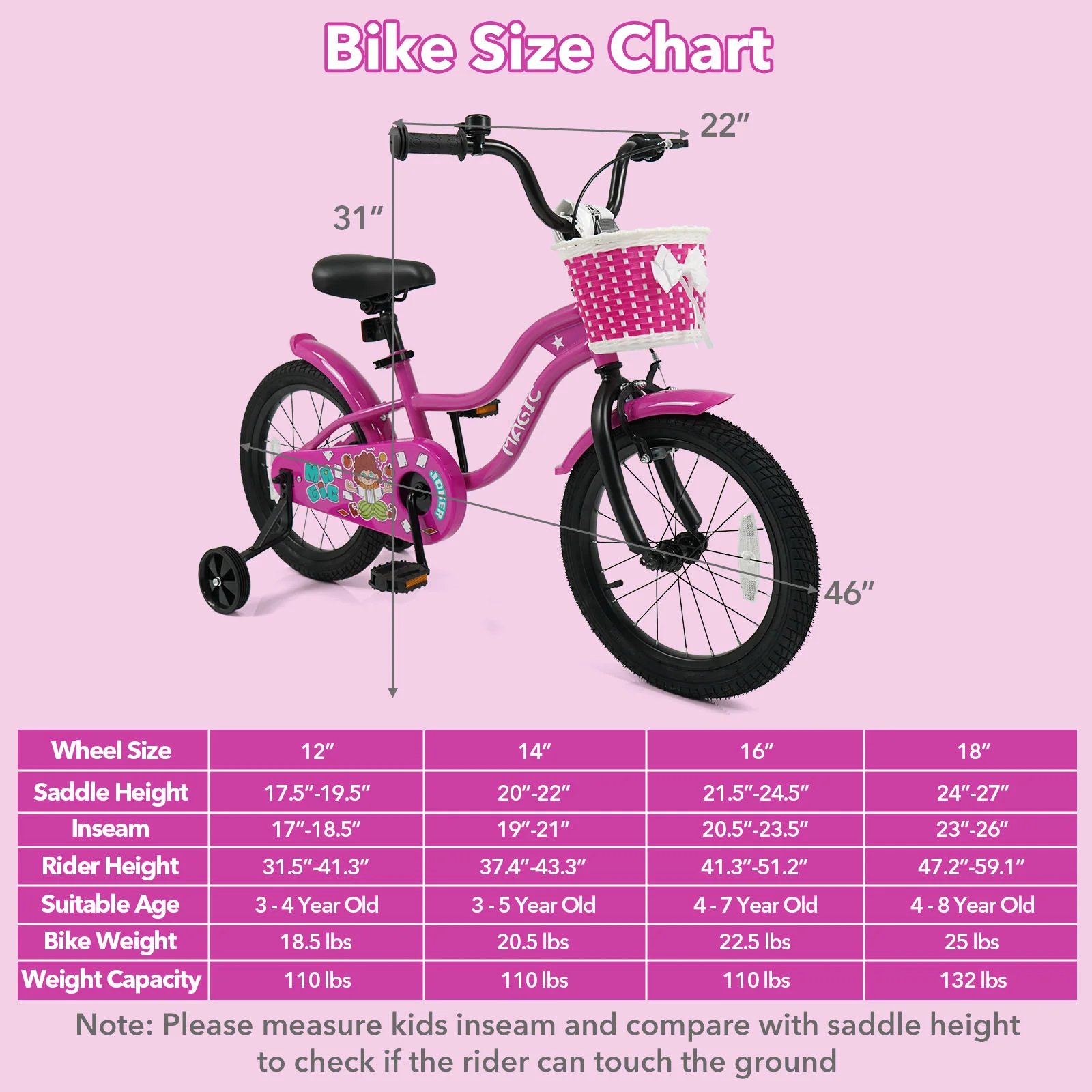 16 Inch Kids Bike with Training Wheels for Aged 4-7 Years Old - Magic Rose, Rose Red - Image 5