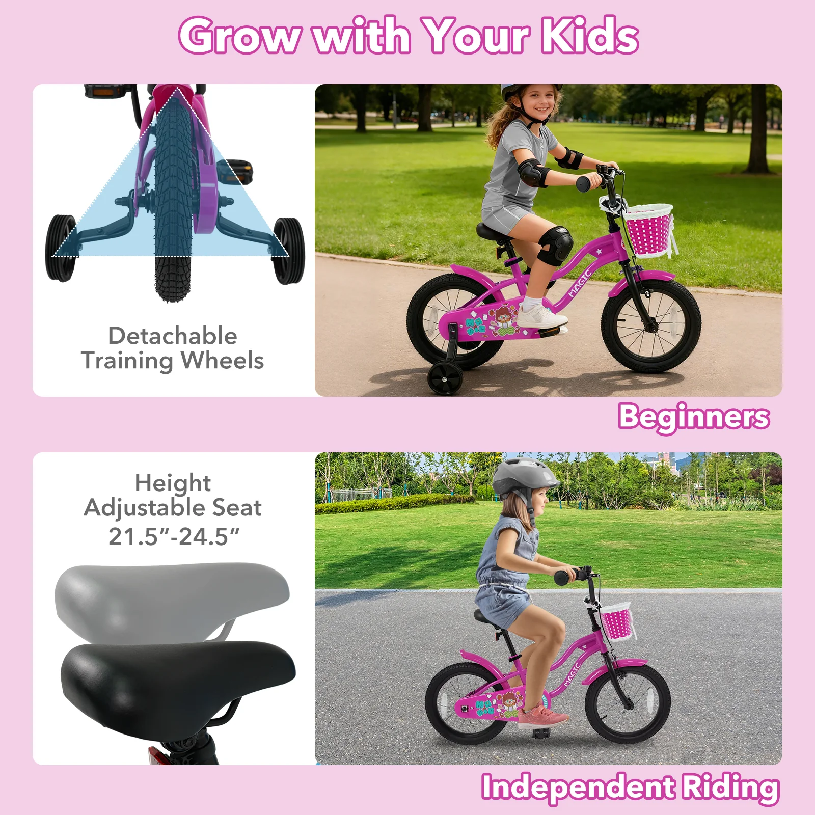16 Inch Kids Bike with Training Wheels for Aged 4-7 Years Old - Magic Rose, Rose Red - Image 7