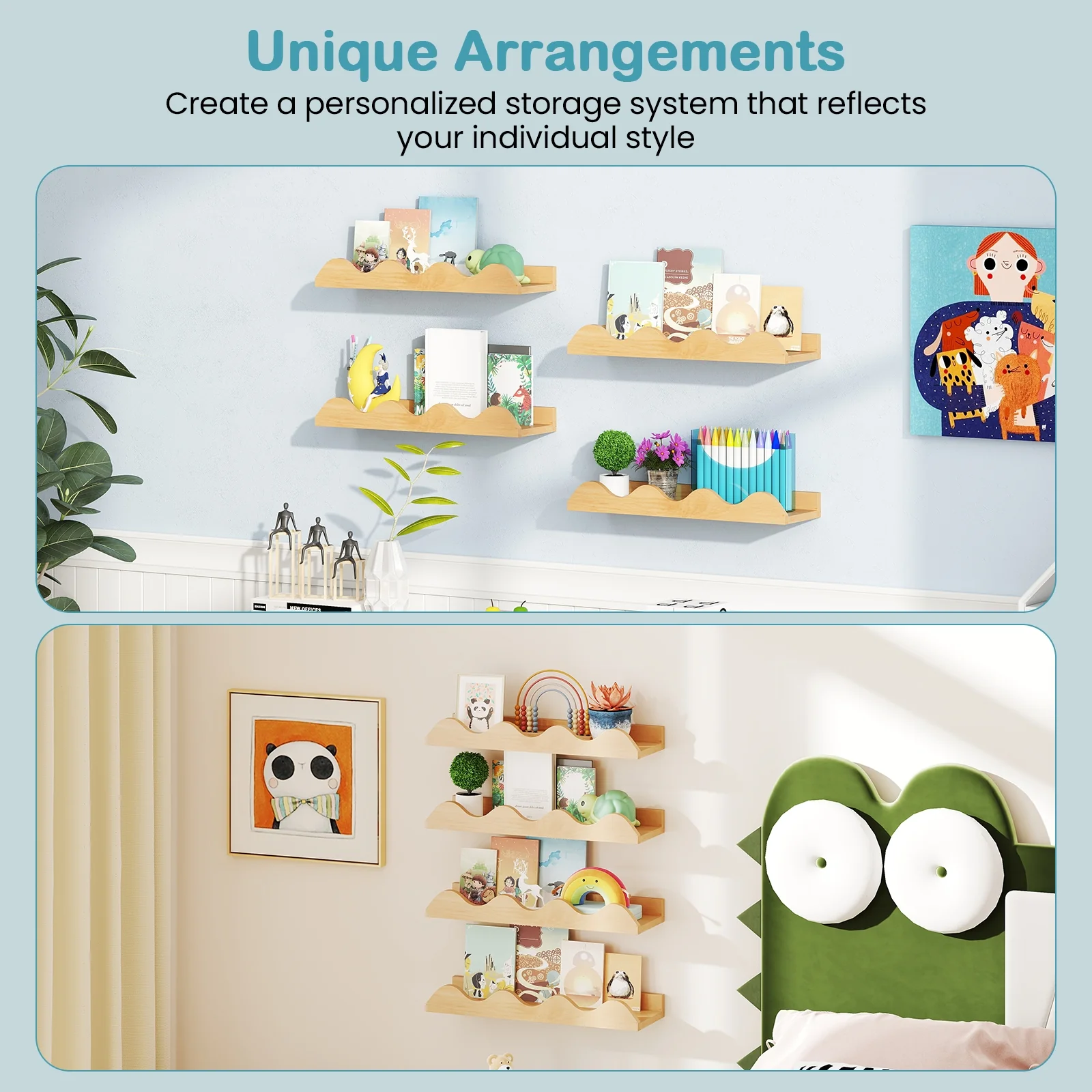 16 Inch Kids Bookshelf Set, 4 Floating Nursery Shelves, Natural - Image 10